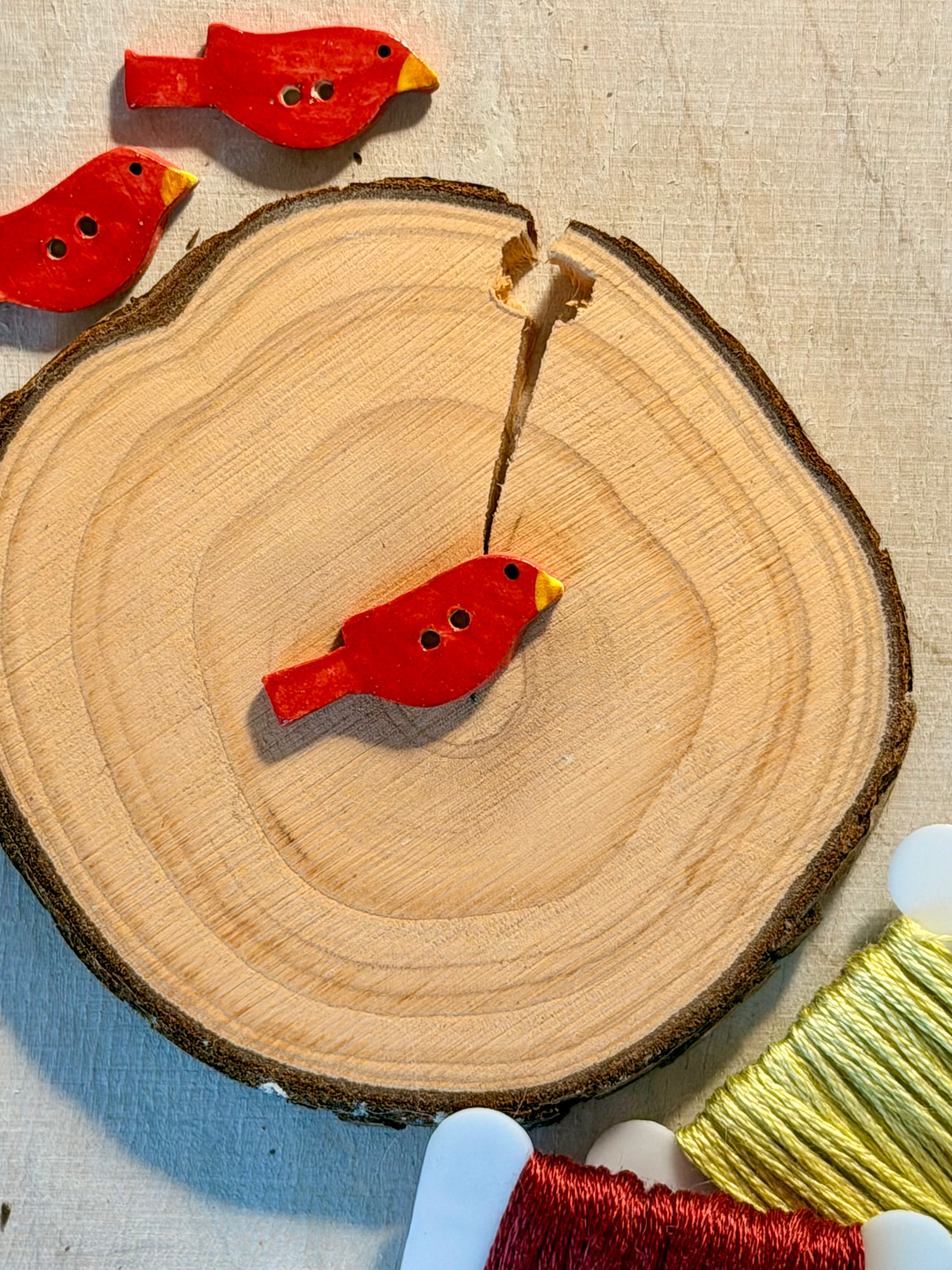 Handmade Ceramic Button for Cross Stitch – Red Cardinal