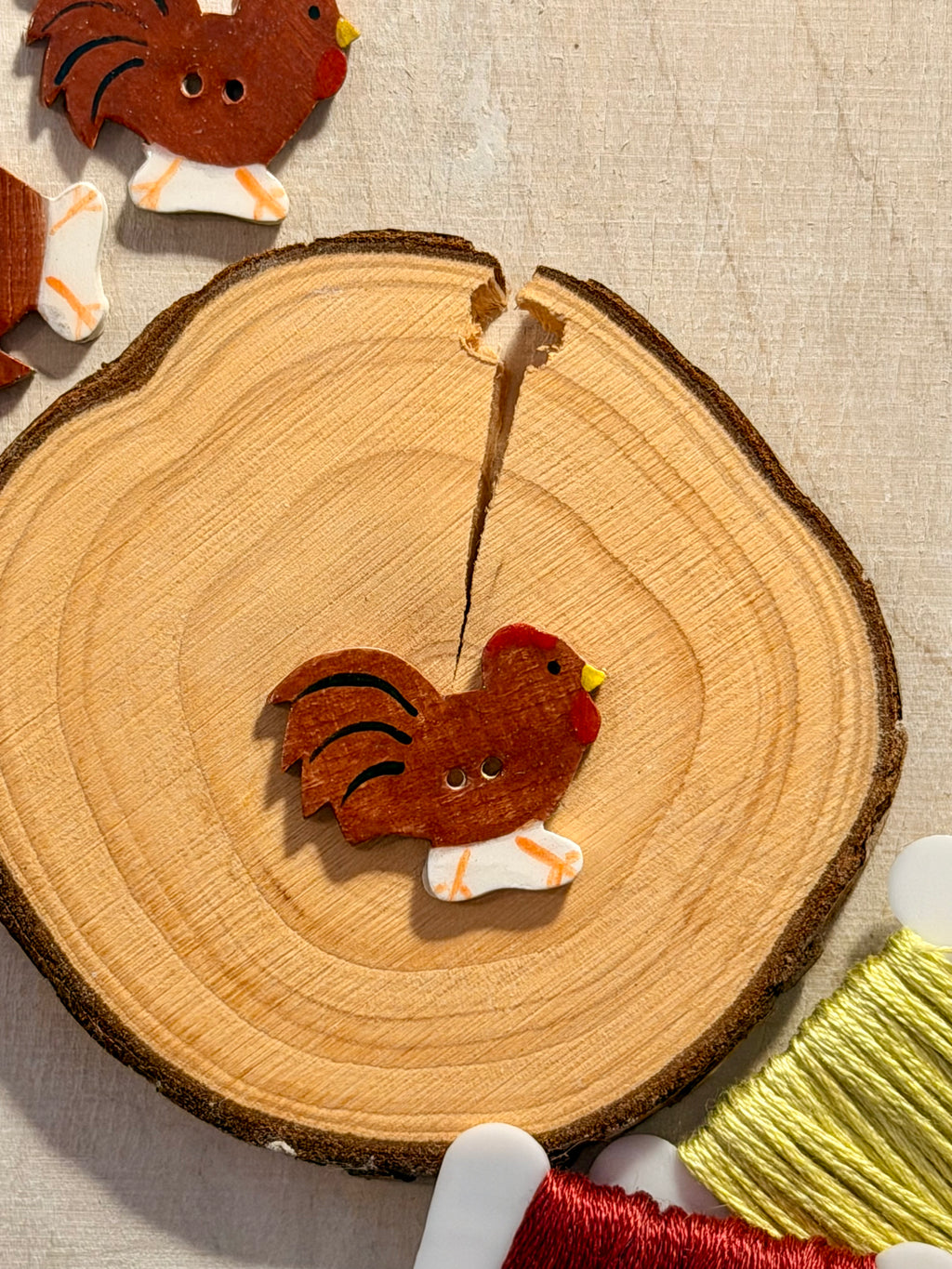 Handmade Ceramic Button for Cross Stitch – Brown Rooster