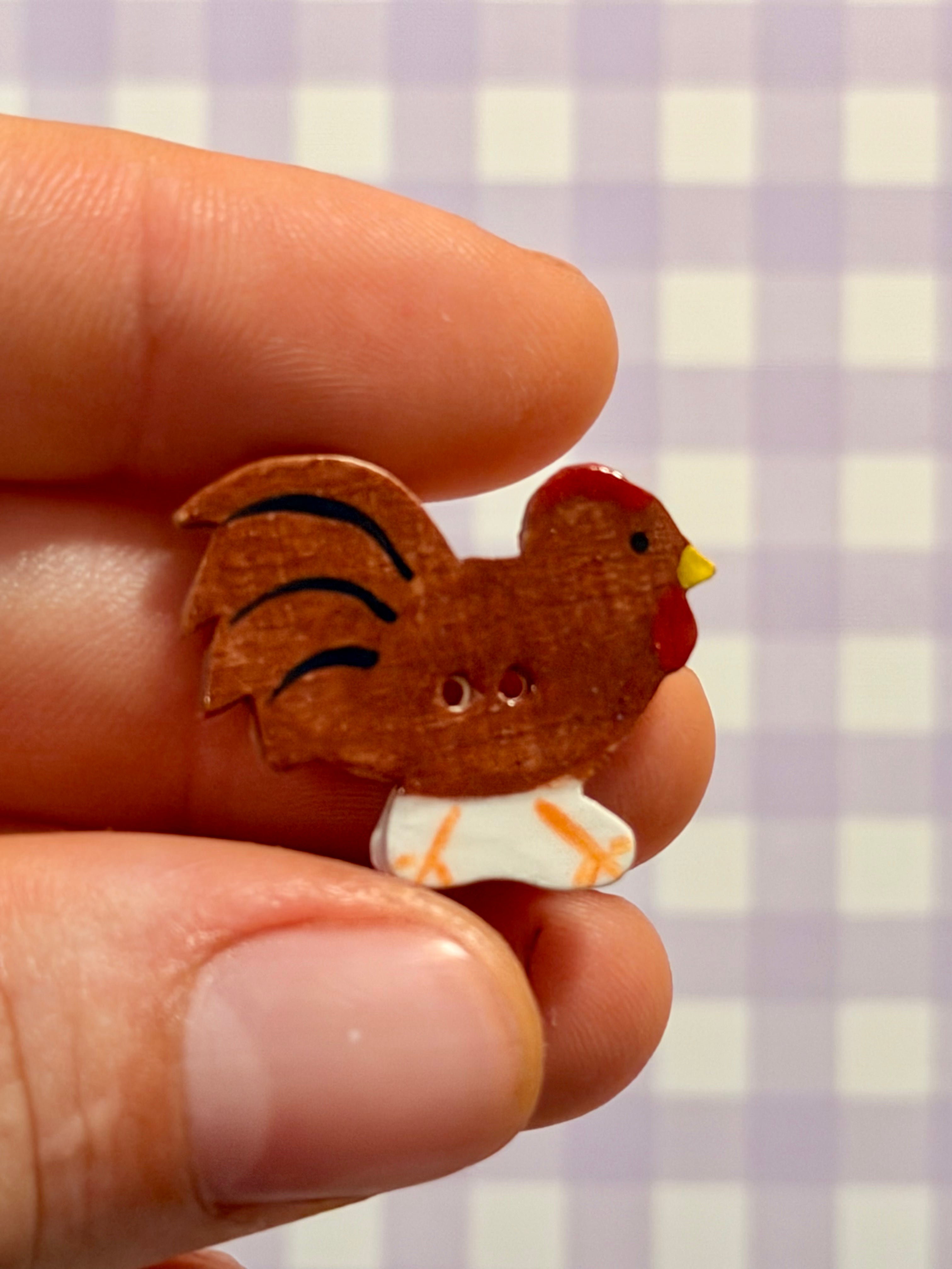 Handmade Ceramic Button for Cross Stitch – Brown Rooster