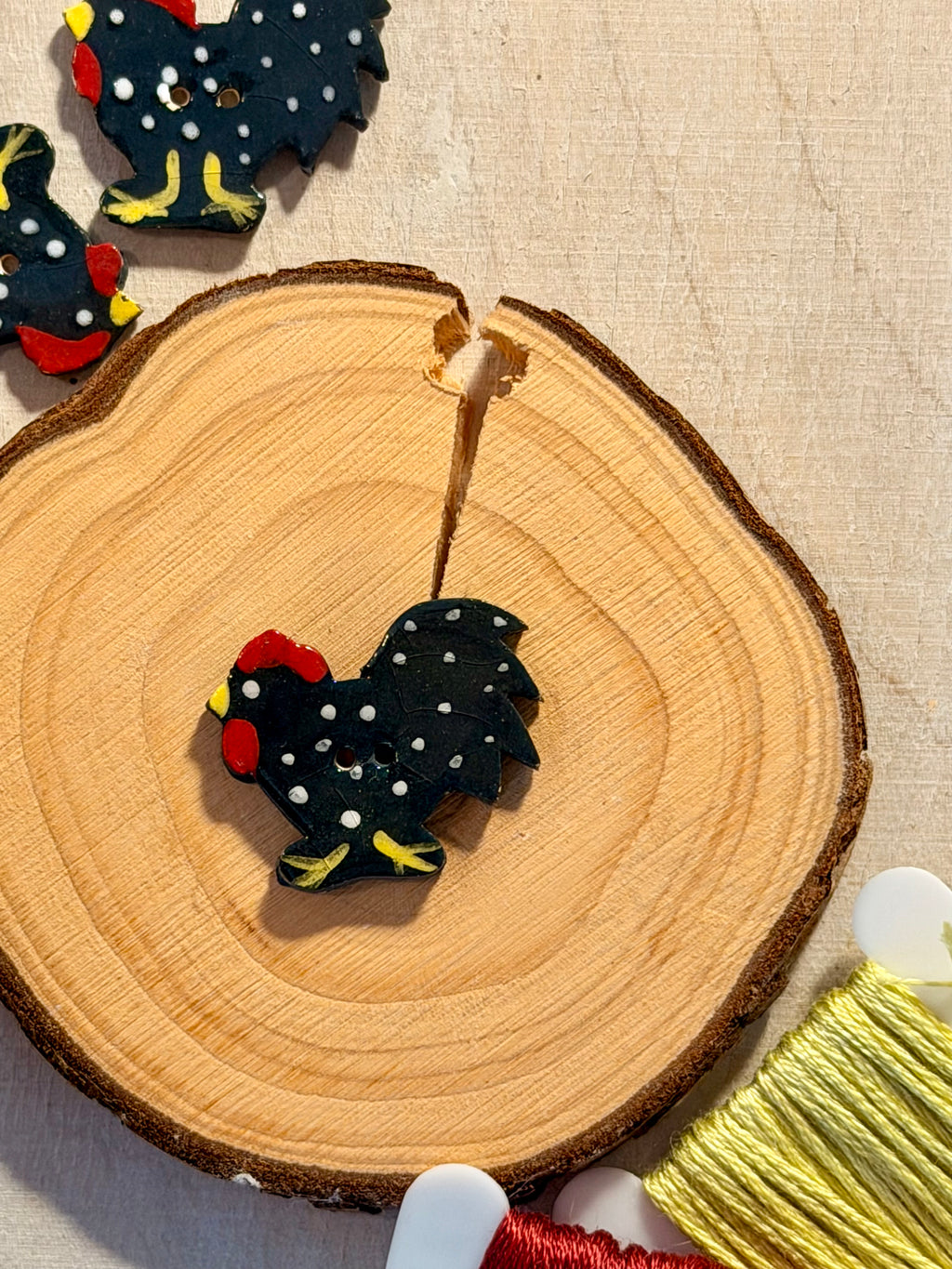 Handmade Ceramic Button for Cross Stitch – Black Rooster