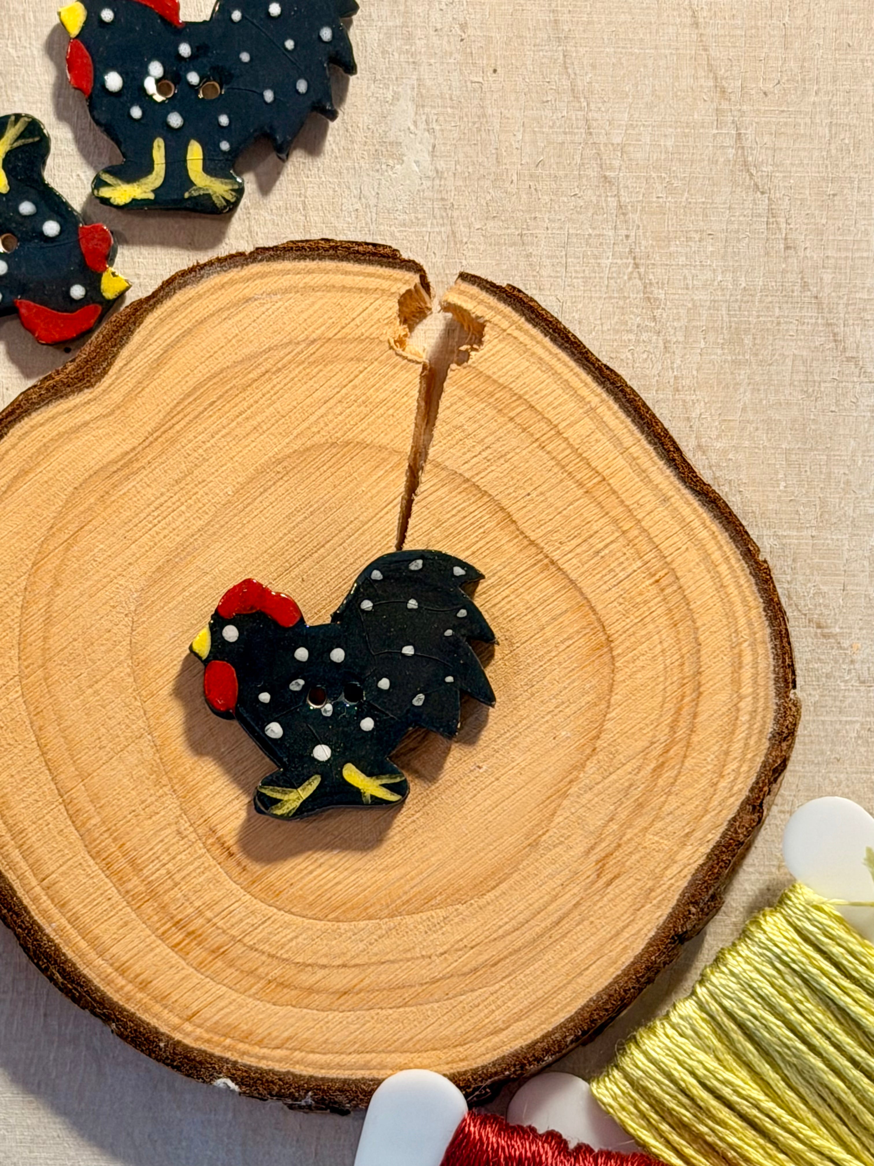 Handmade Ceramic Button for Cross Stitch – Black Rooster