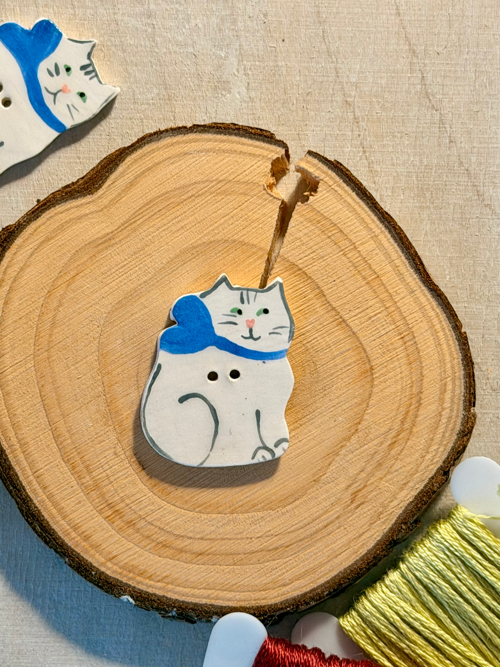 Handmade Ceramic Button for Cross Stitch – White Cat