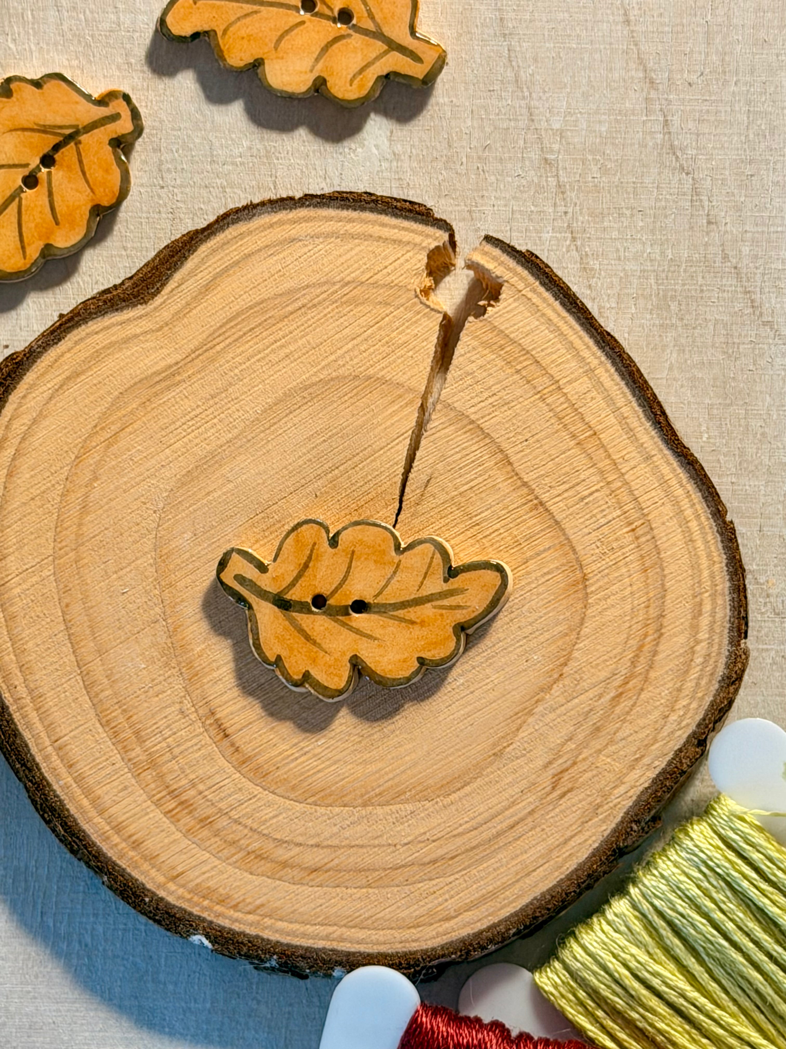 Handmade Ceramic Button for Cross Stitch – Orange Leaf