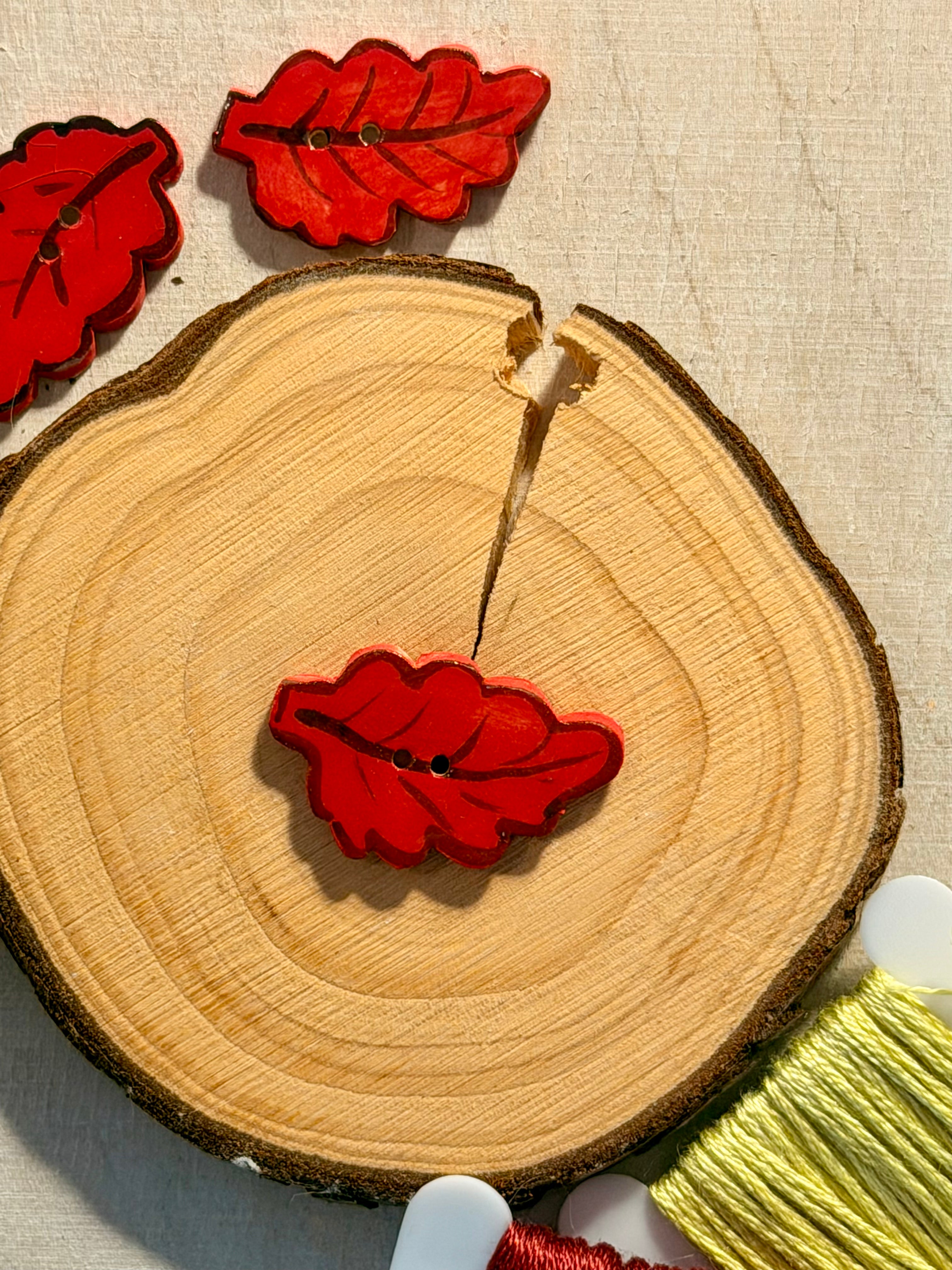 Handmade Ceramic Button for Cross Stitch – Red Leaf