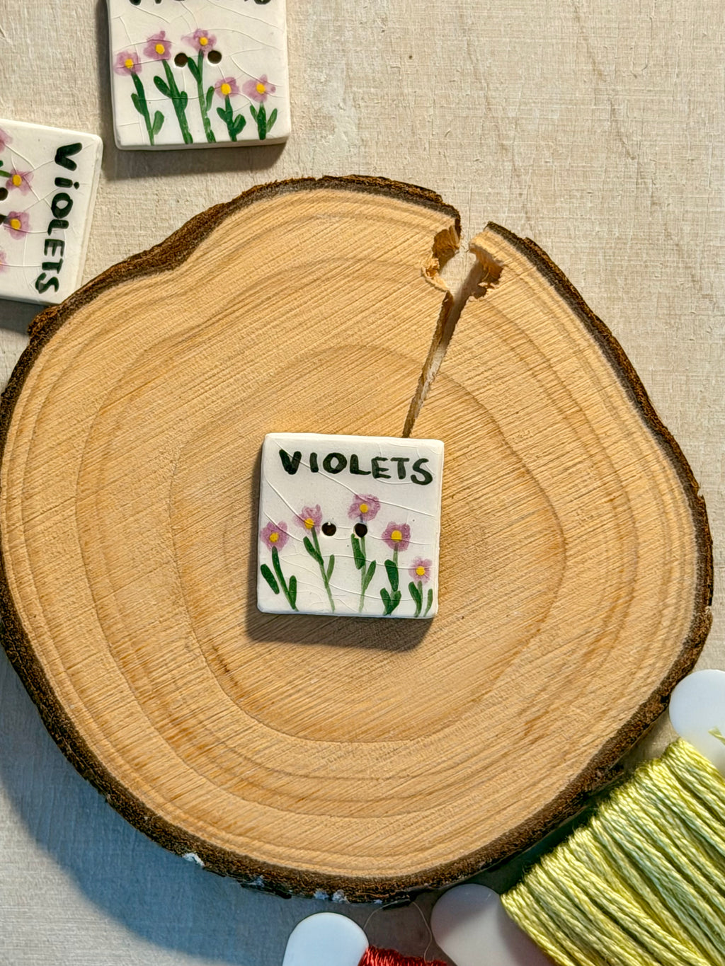 Handmade Ceramic Button for Cross Stitch – Violets