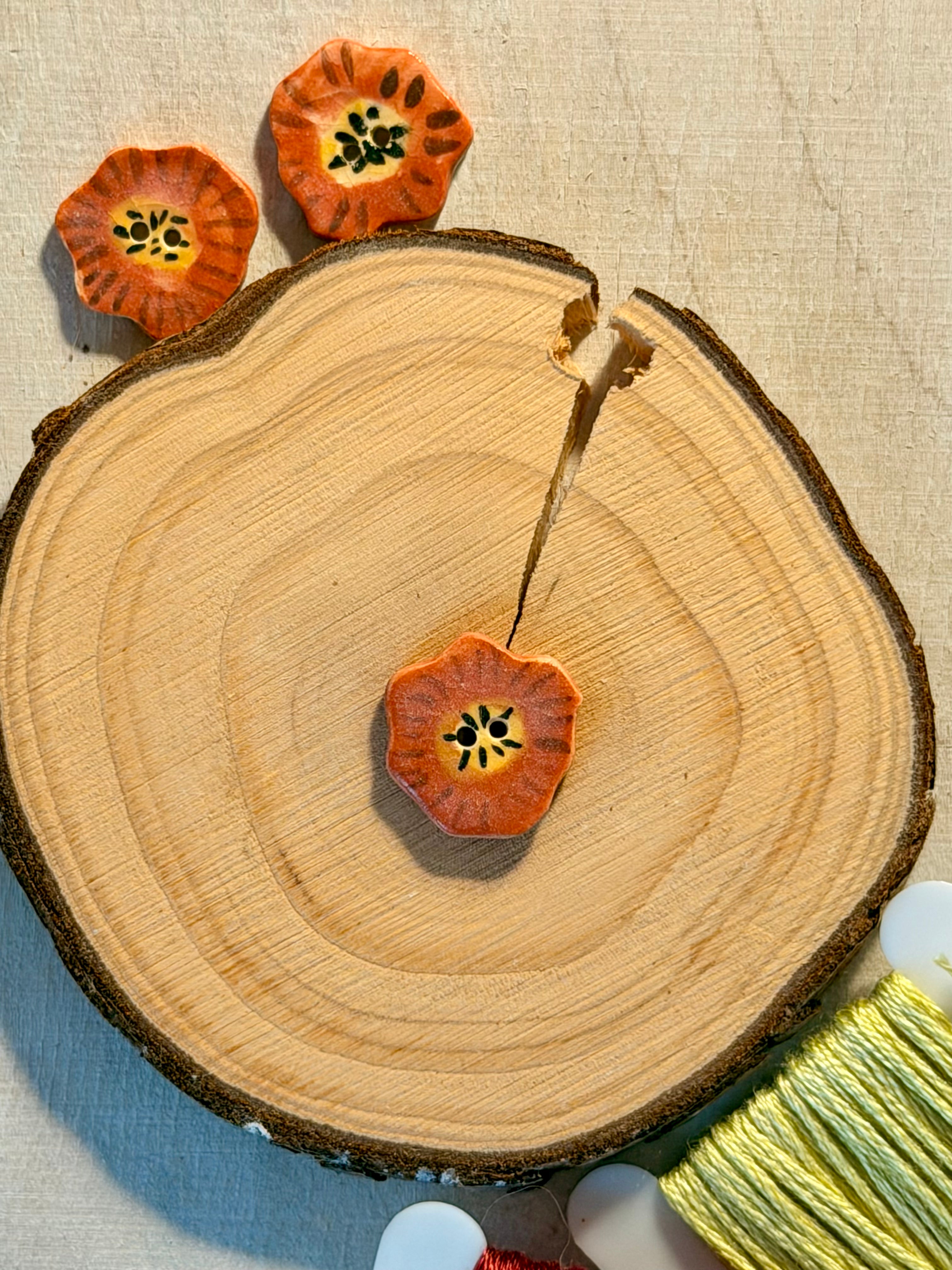 Handmade Ceramic Button for Cross Stitch – Orange Flower