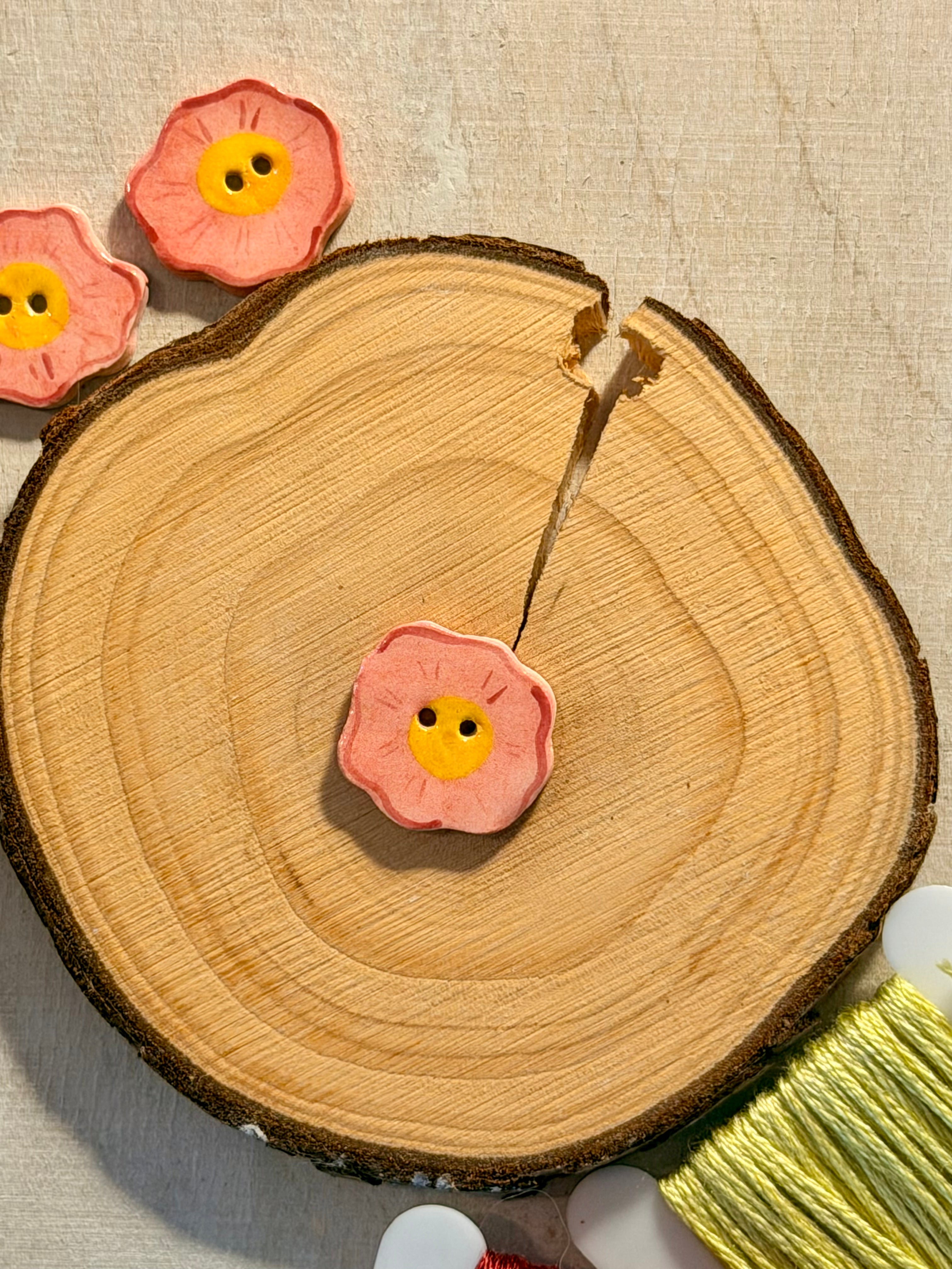 Handmade Ceramic Button for Cross Stitch – Pink Flower