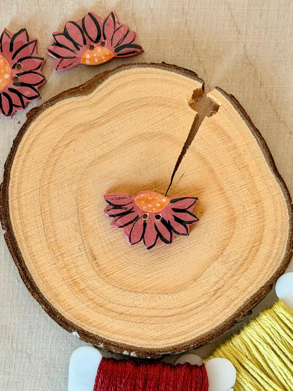 Handmade Ceramic Button for Cross Stitch – Red Camellia