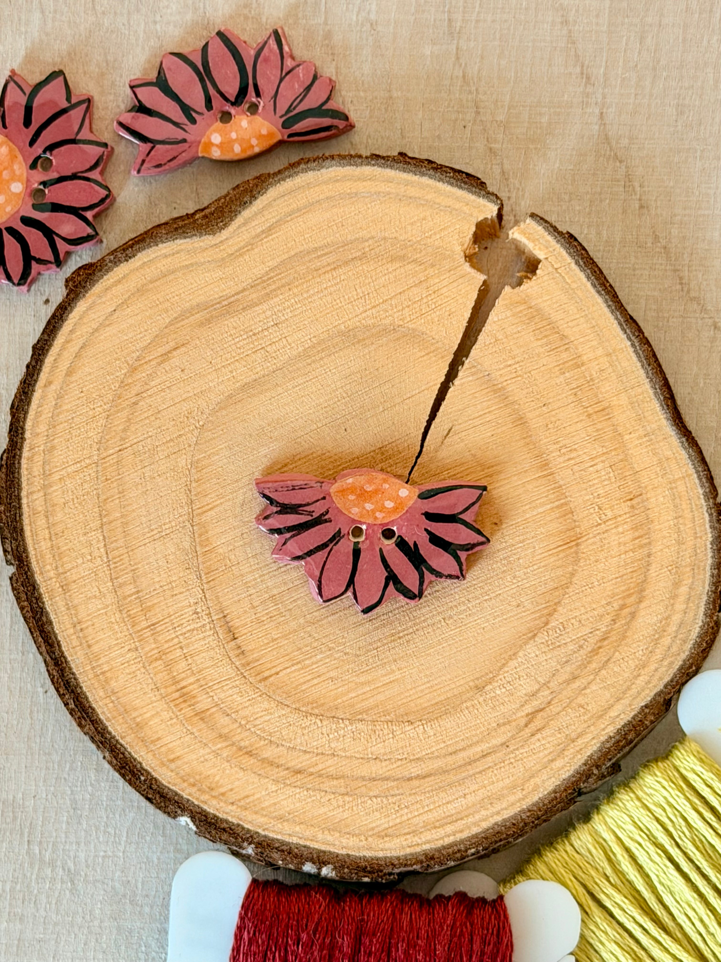 Handmade Ceramic Button for Cross Stitch – Red Camellia