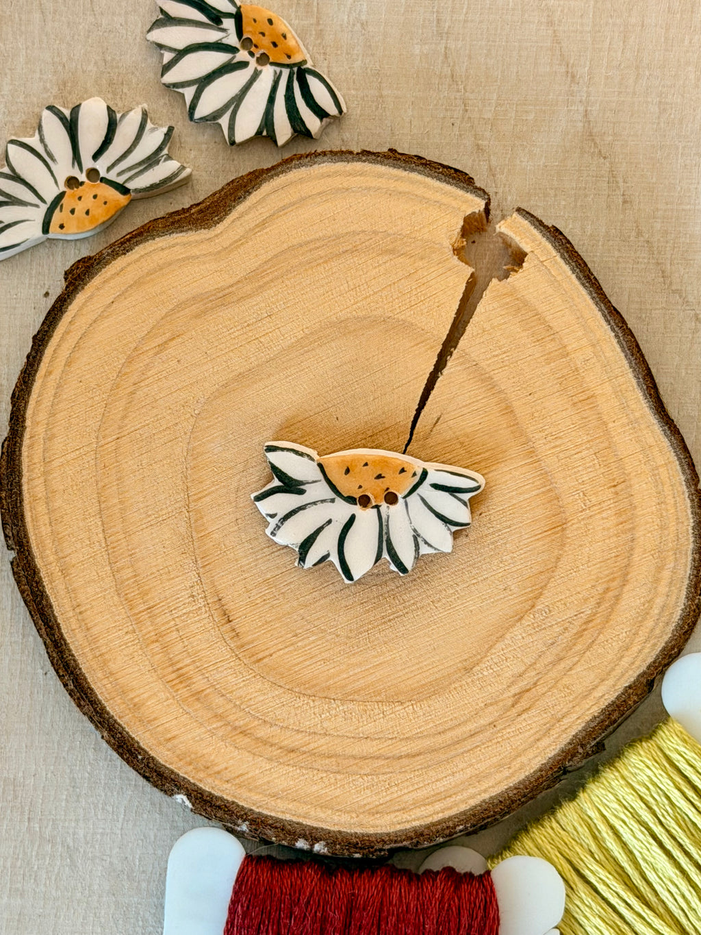 Handmade Ceramic Button for Cross Stitch – White Camellia