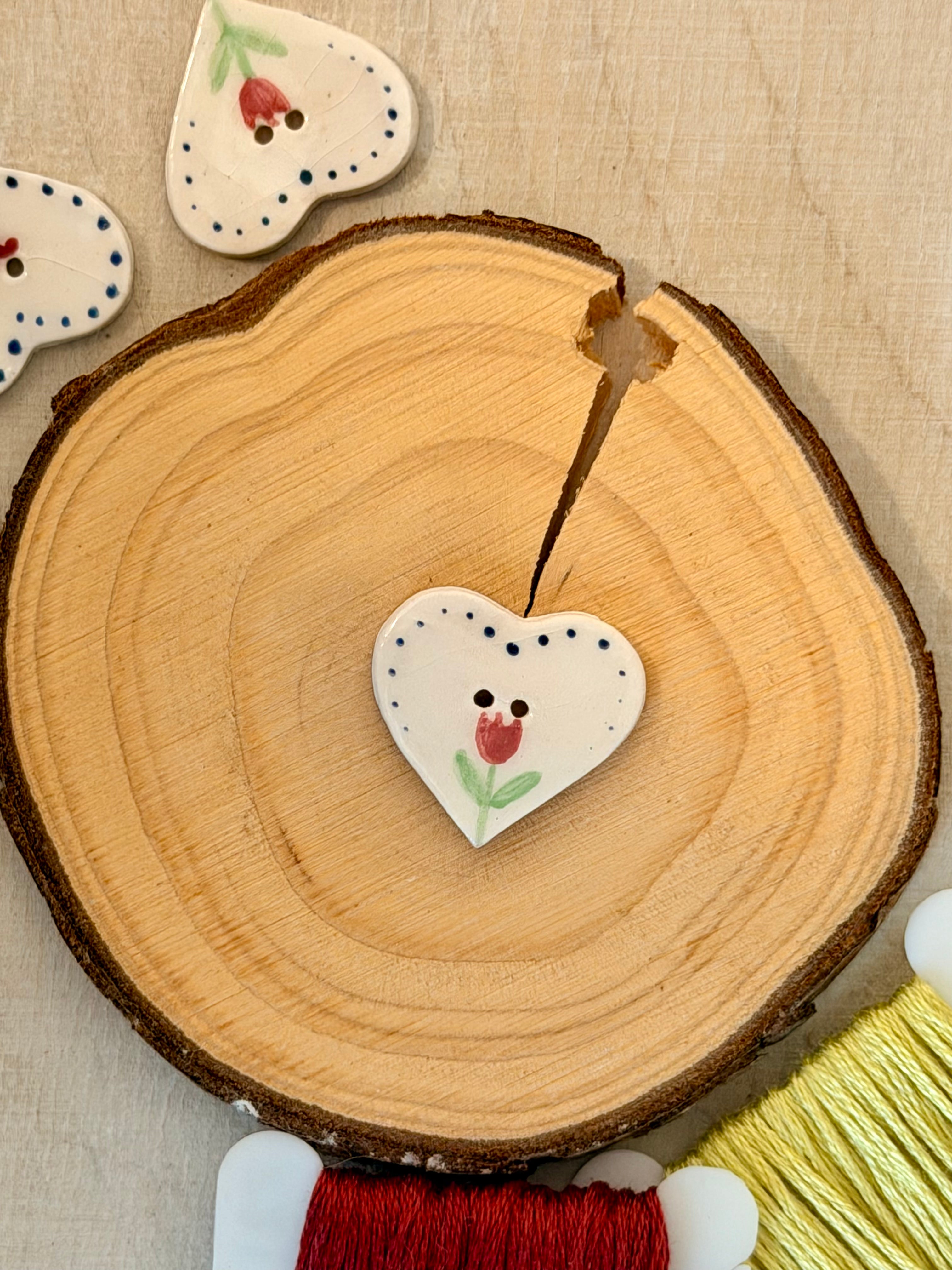 Handmade Ceramic Button for Cross Stitch – Heart with Dots