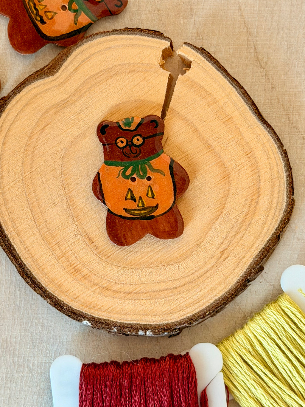 Handmade Ceramic Button for Cross Stitch – Pumpkin Bear