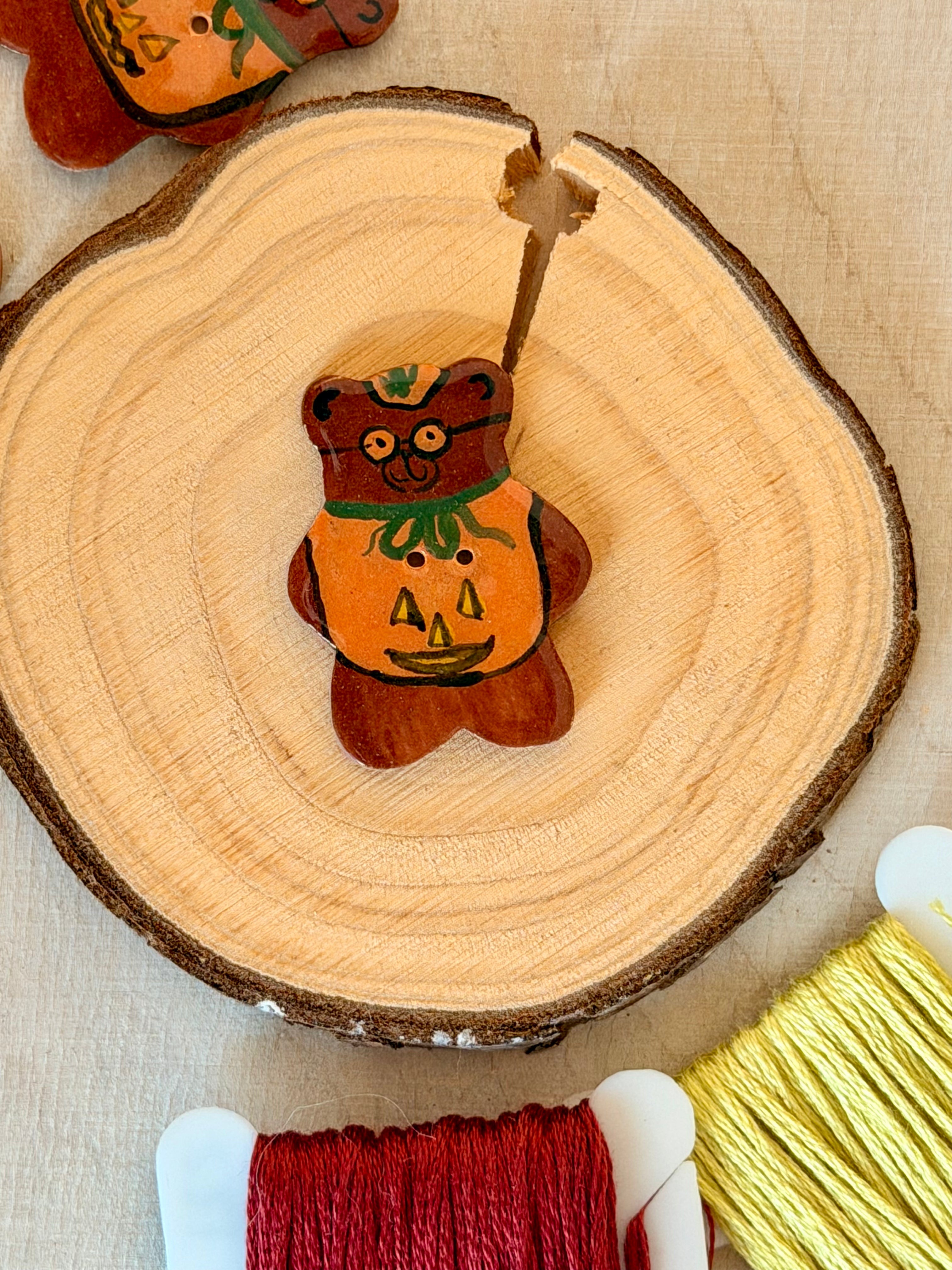 Handmade Ceramic Button for Cross Stitch – Pumpkin Bear