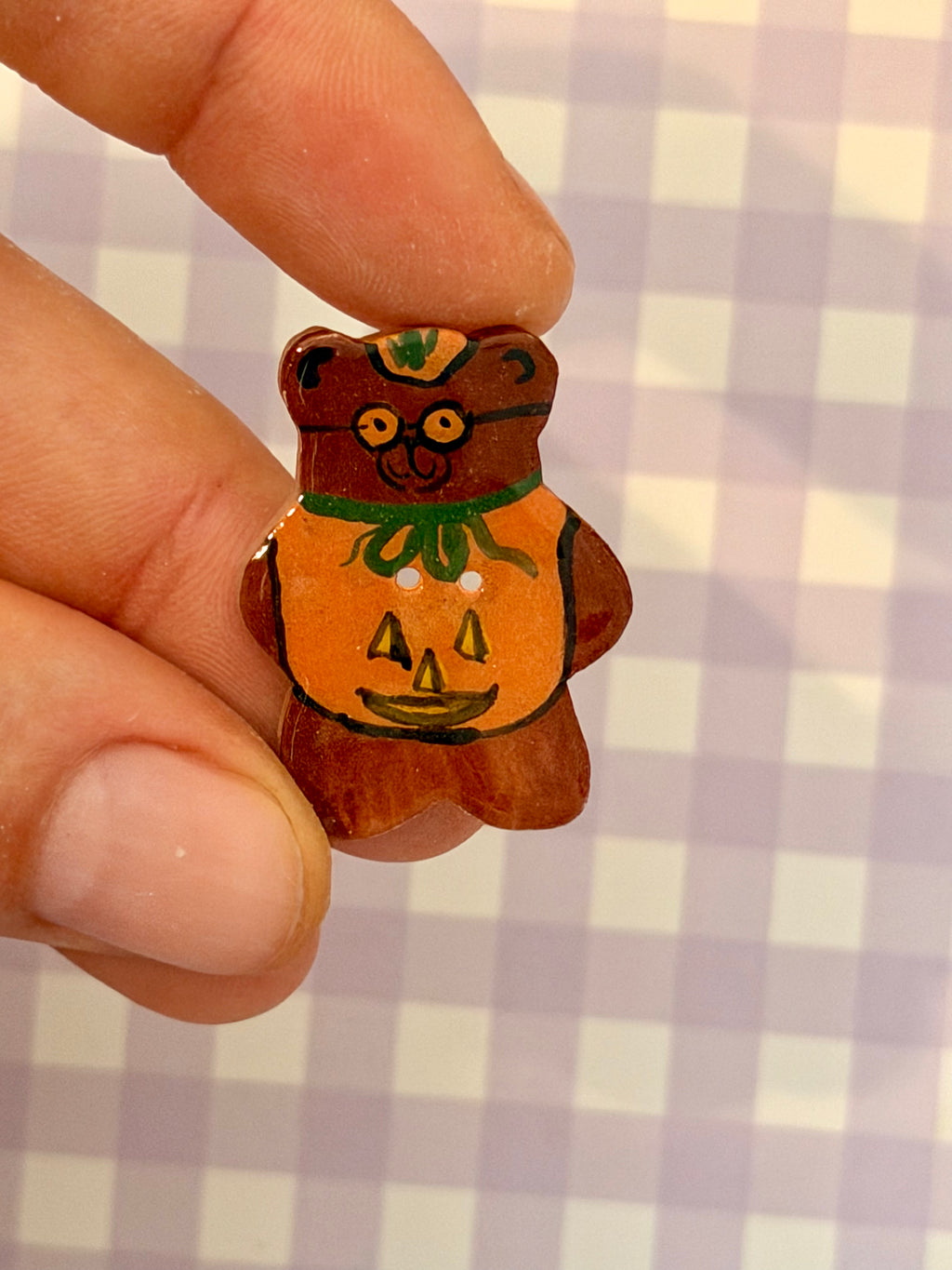 Handmade Ceramic Button for Cross Stitch – Pumpkin Bear