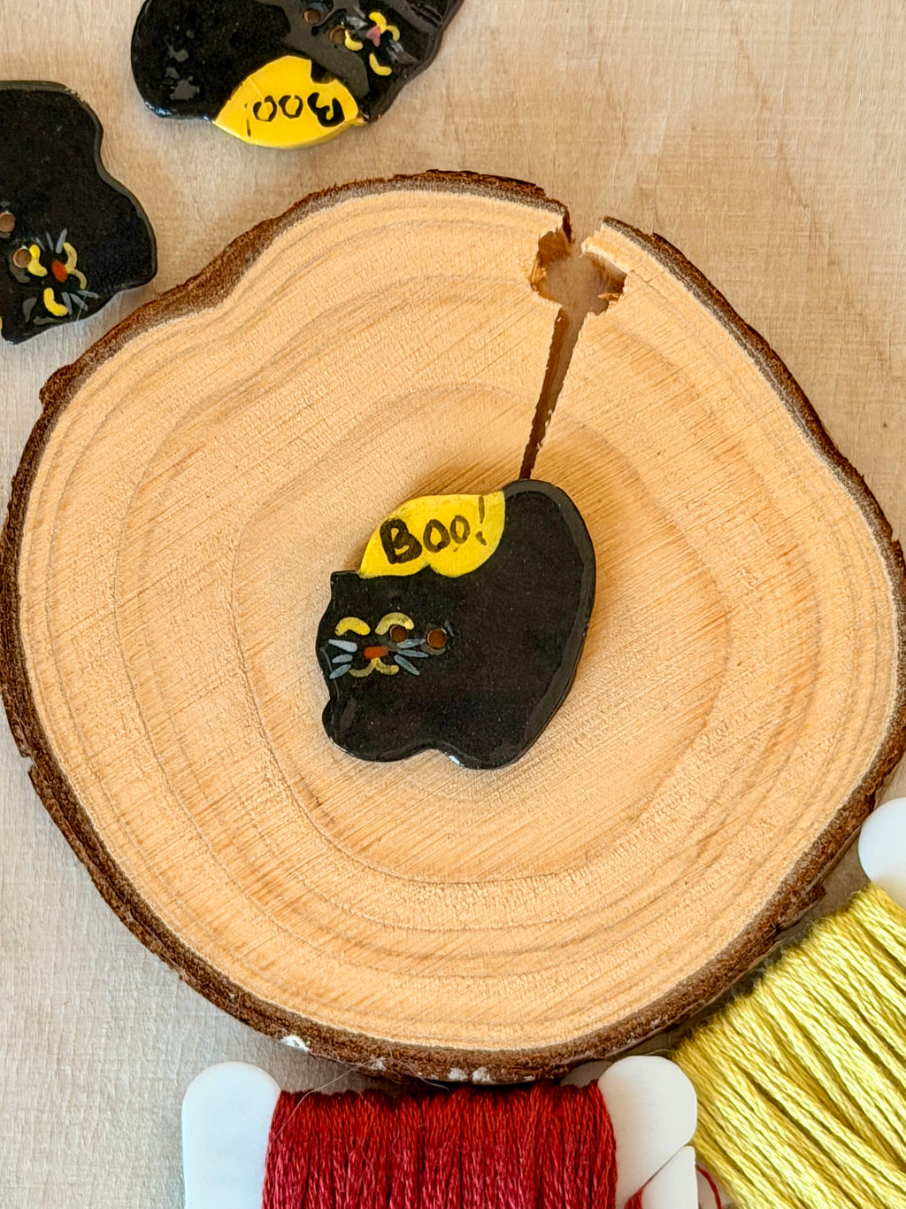 Handmade Ceramic Button for Cross Stitch – Black Cat #1
