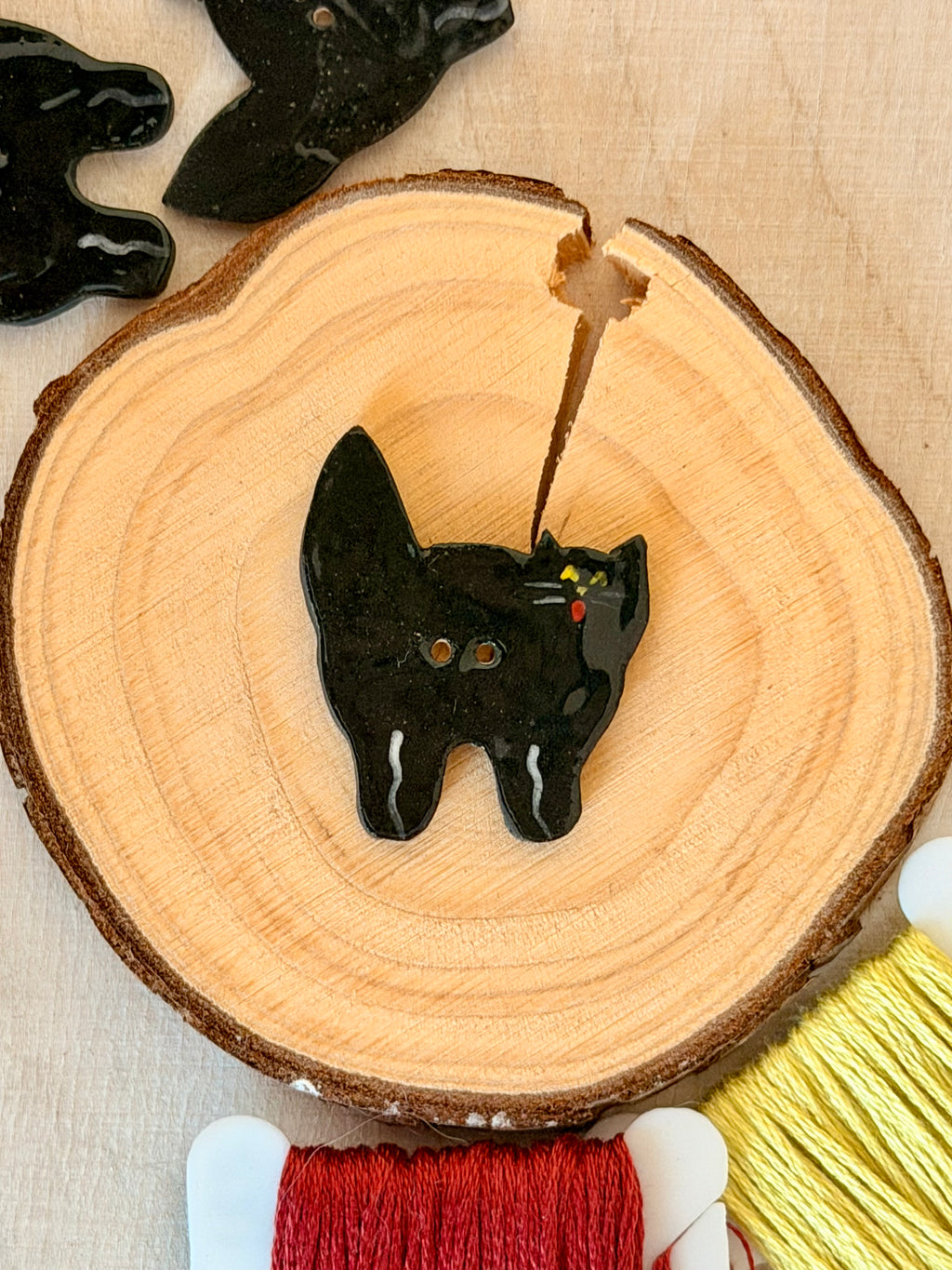 Handmade Ceramic Button for Cross Stitch – Black Cat #2
