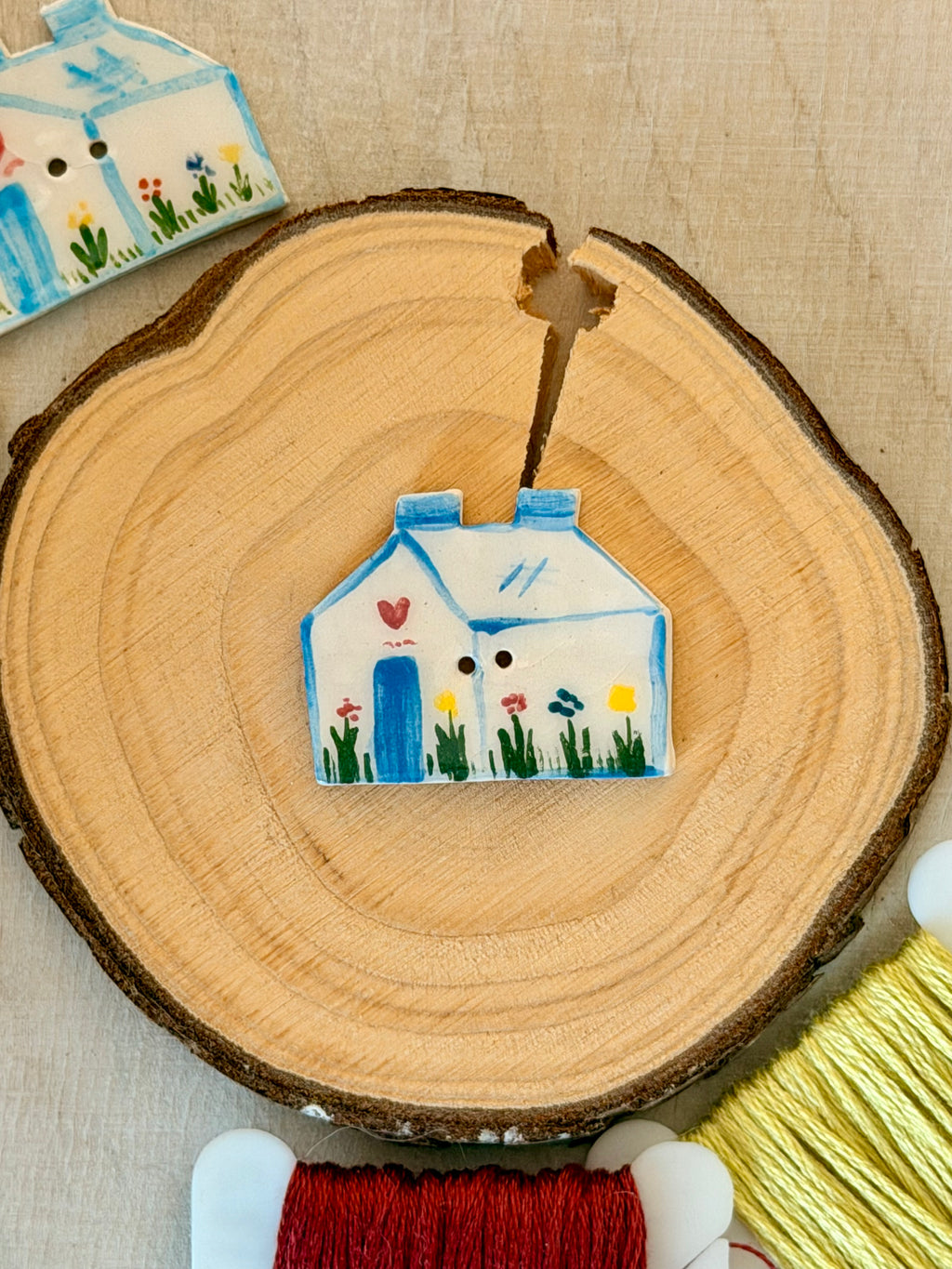 Handmade Ceramic Button for Cross Stitch – House #1