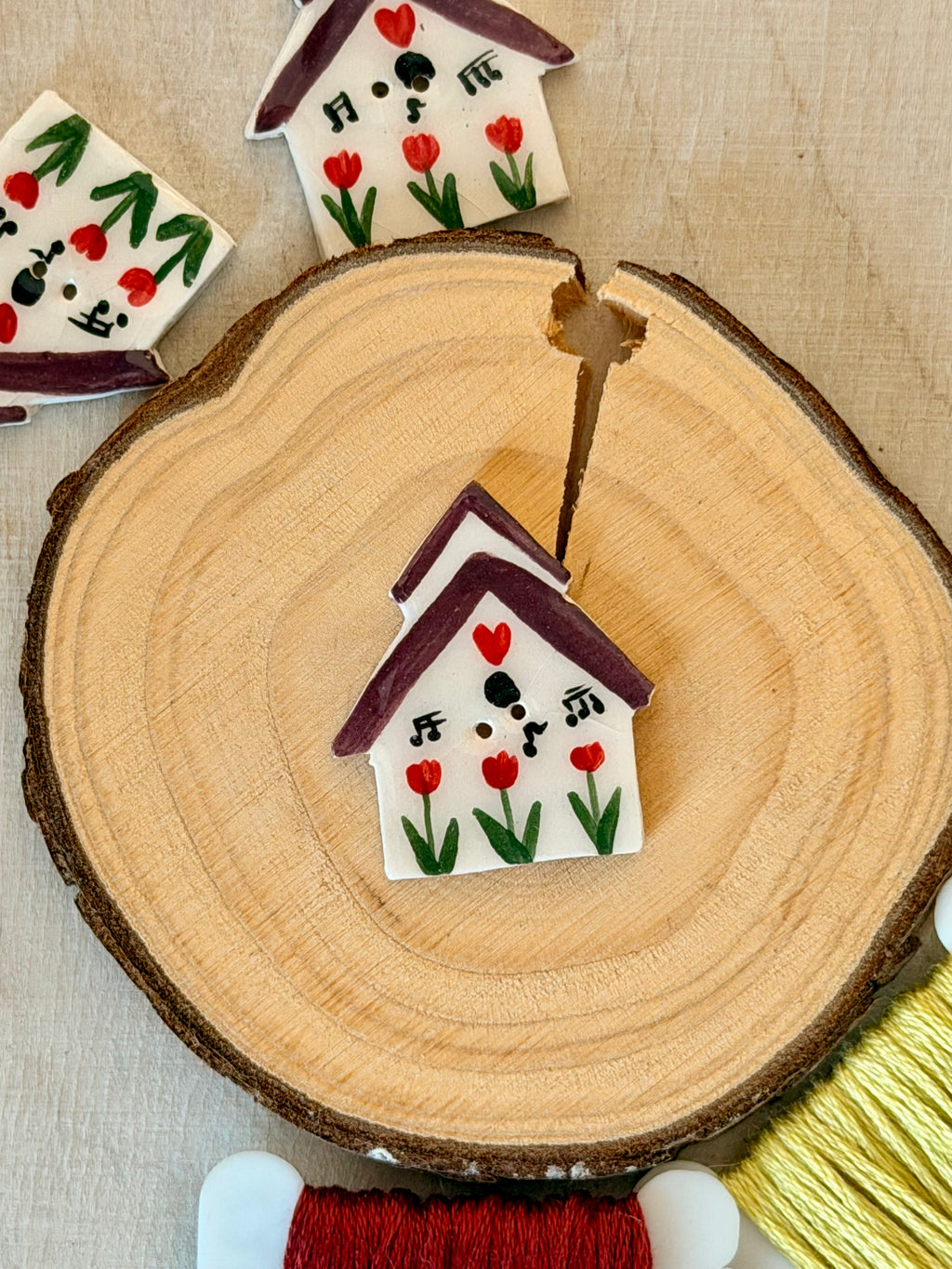 Handmade Ceramic Button for Cross Stitch – House #3
