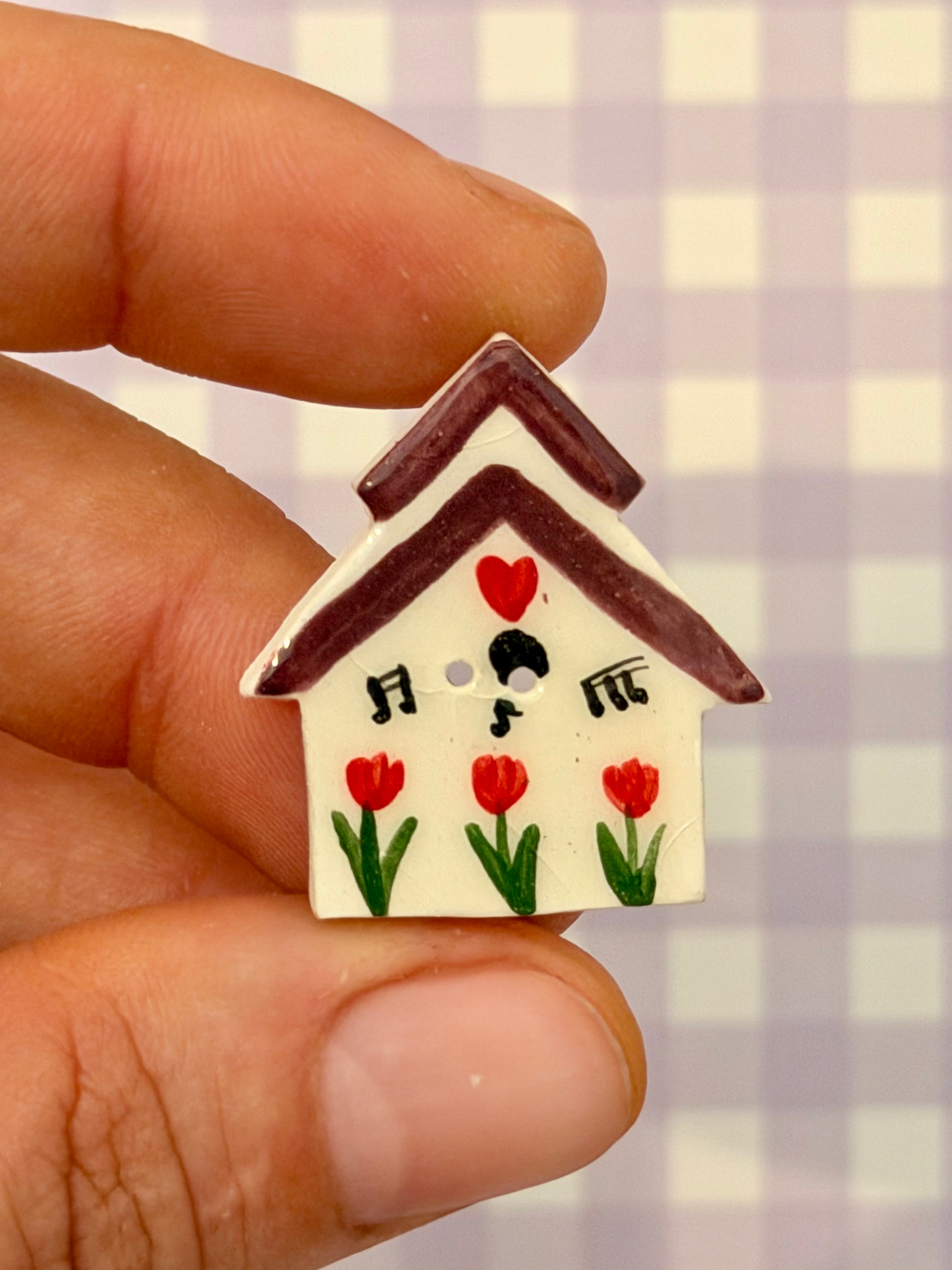 Handmade Ceramic Button for Cross Stitch – House #3