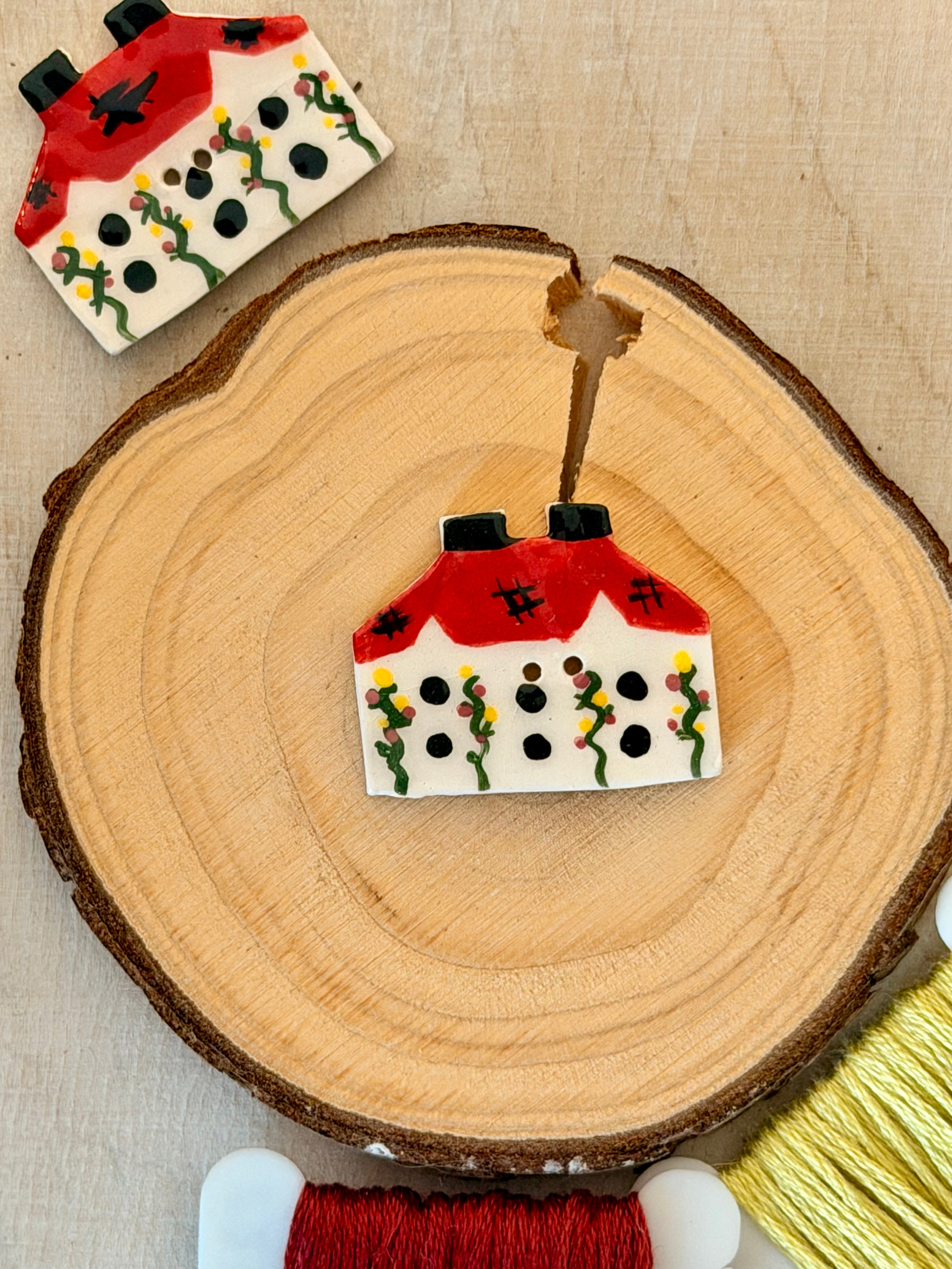 Handmade Ceramic Button for Cross Stitch – House #6