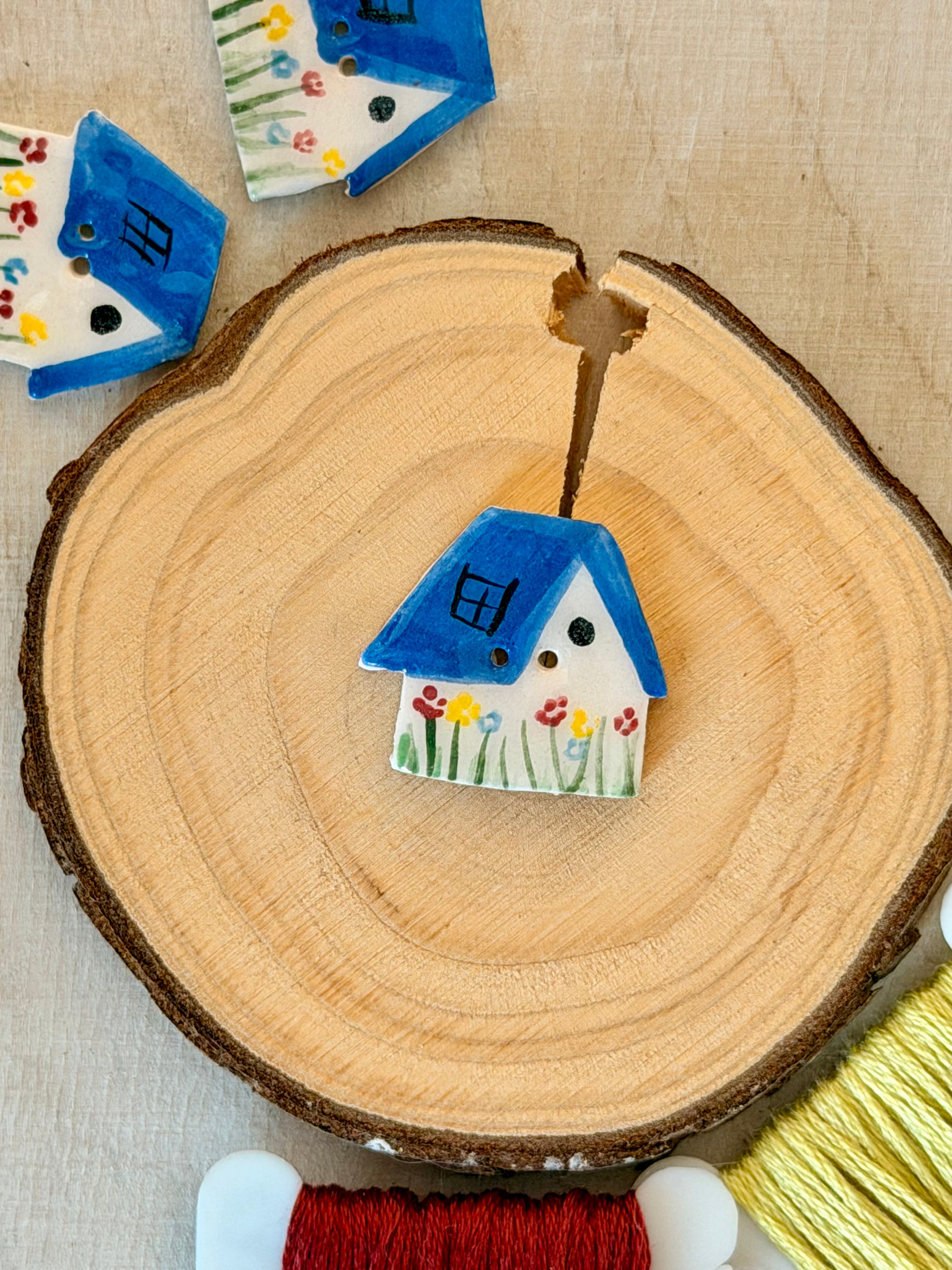 Handmade Ceramic Button for Cross Stitch – House #8