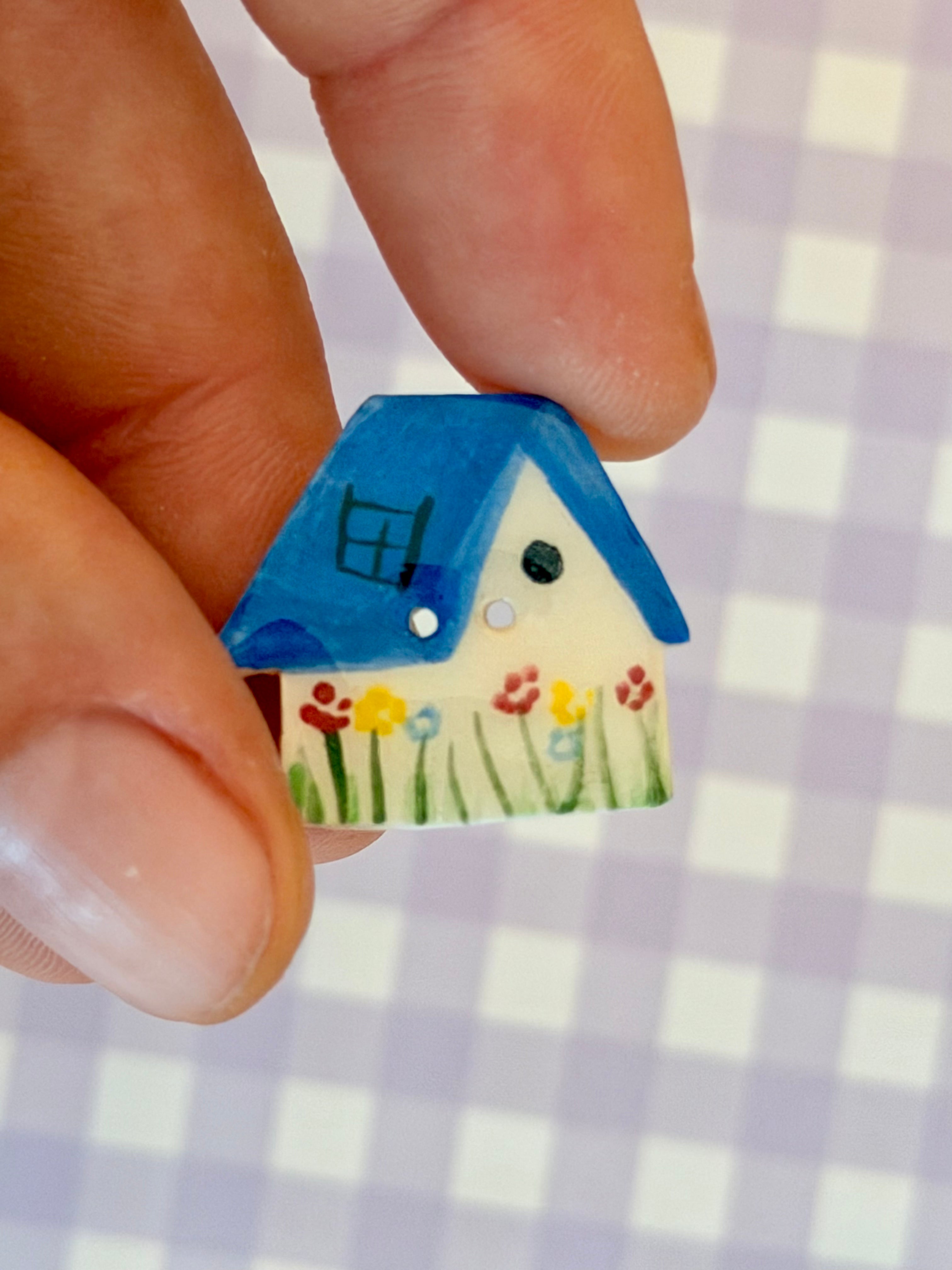 Handmade Ceramic Button for Cross Stitch – House #8