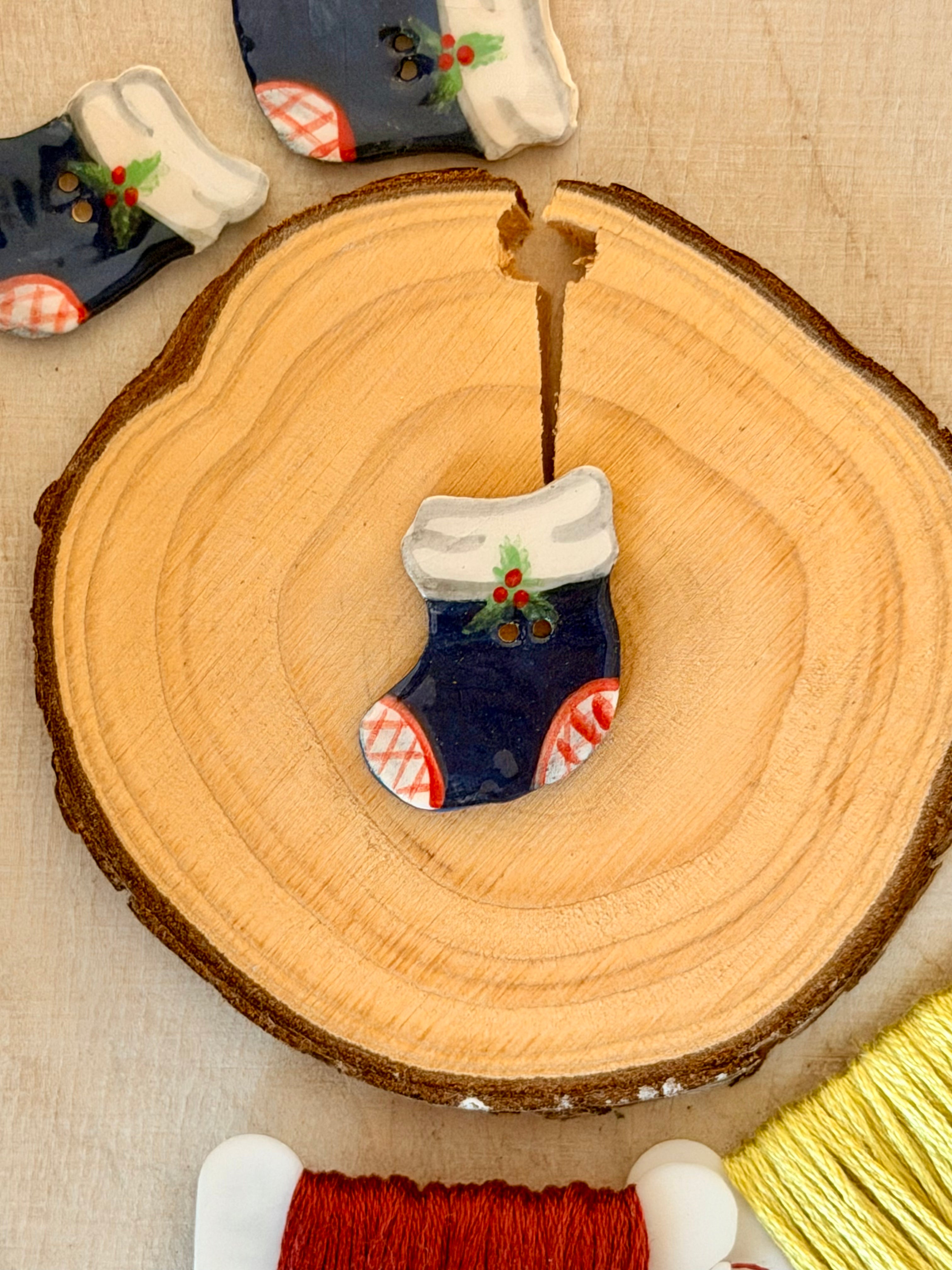 Handmade Ceramic Button for Cross Stitch – Stocking #3
