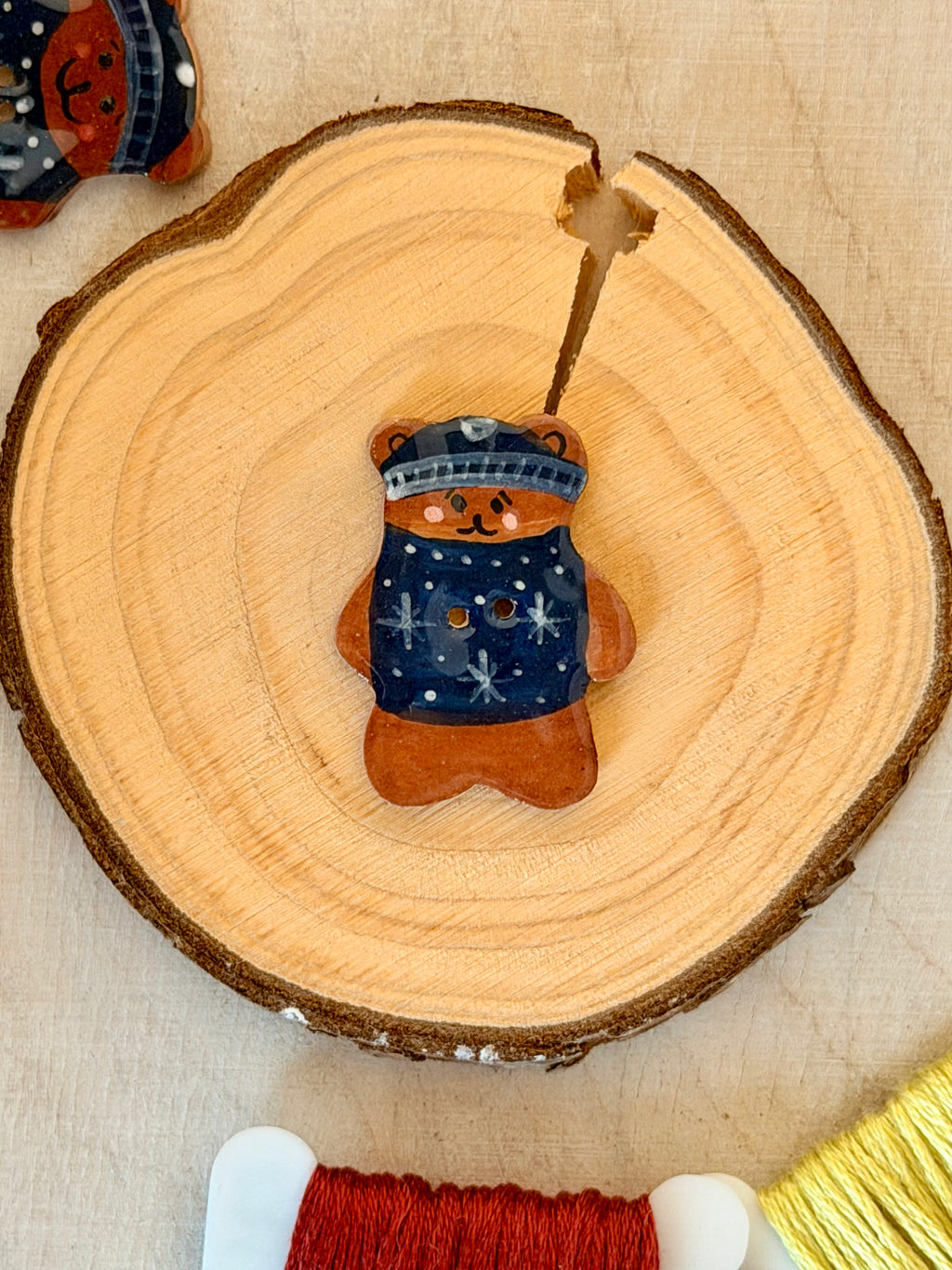 Handmade Ceramic Button for Cross Stitch – Winter Bear