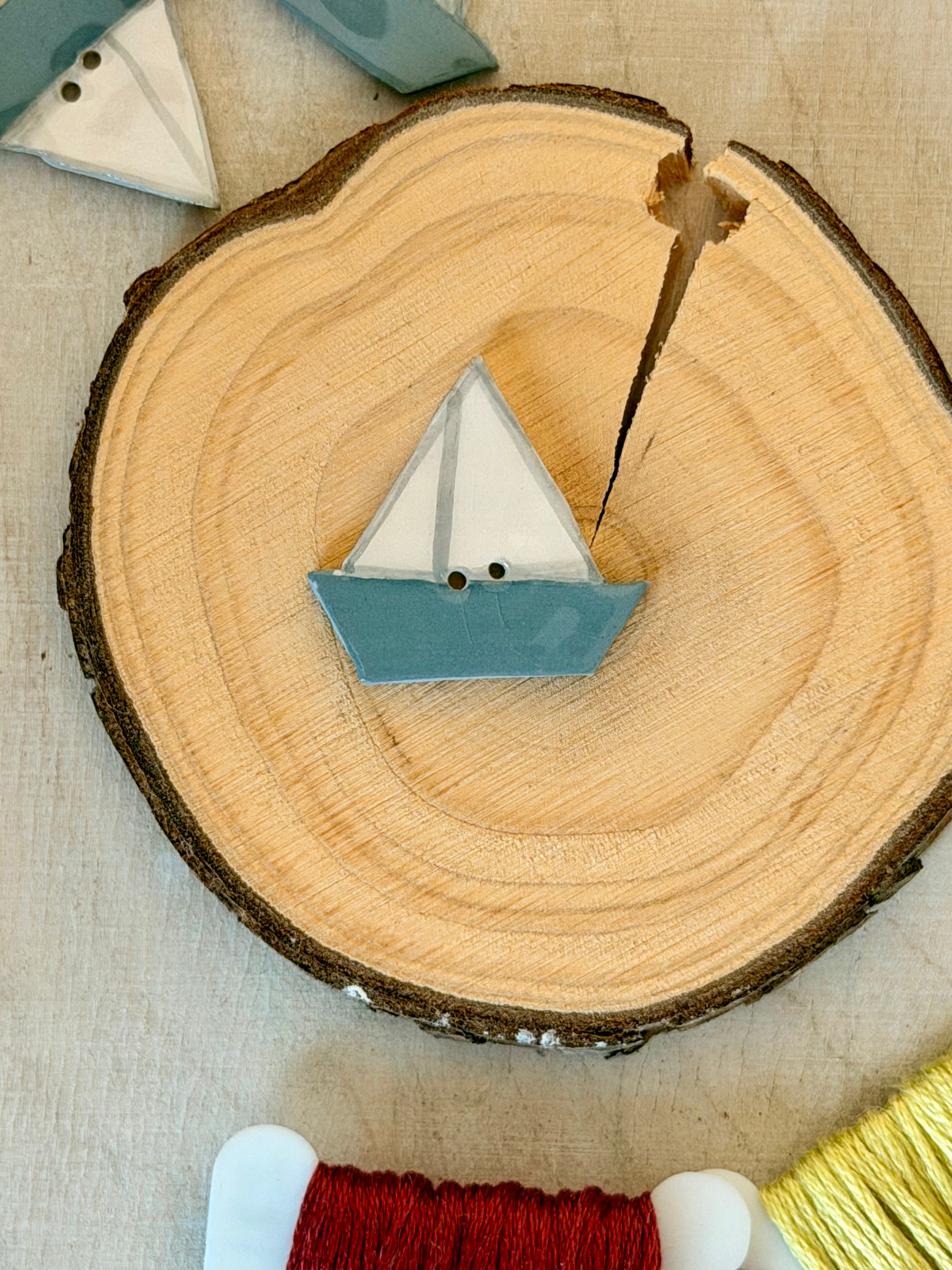 Handmade Ceramic Button for Cross Stitch – Sailboat Grey
