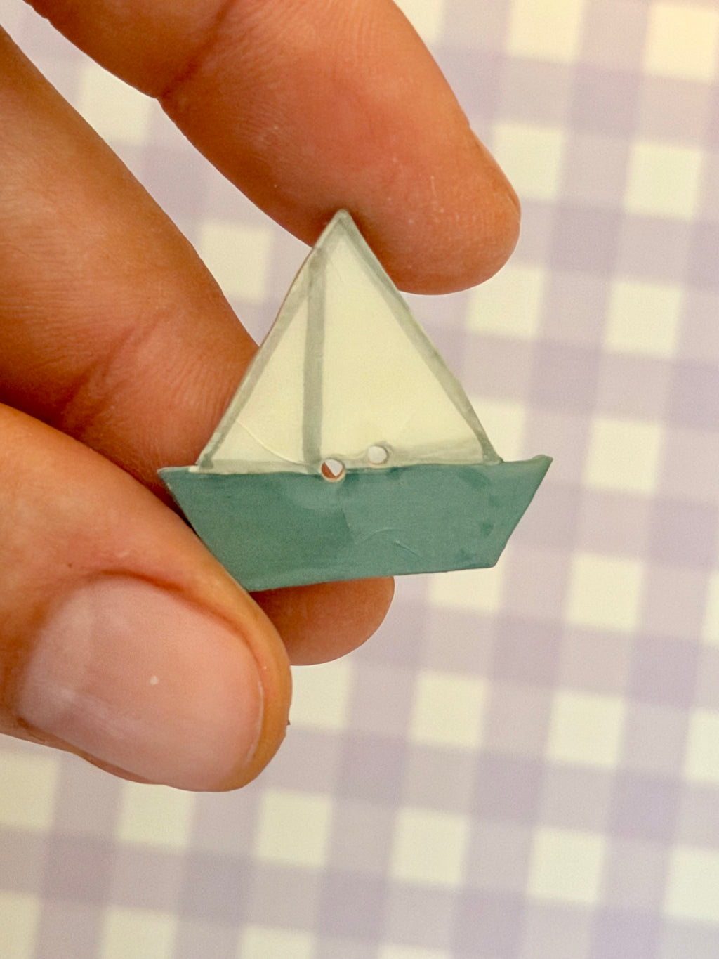 Handmade Ceramic Button for Cross Stitch – Sailboat Grey