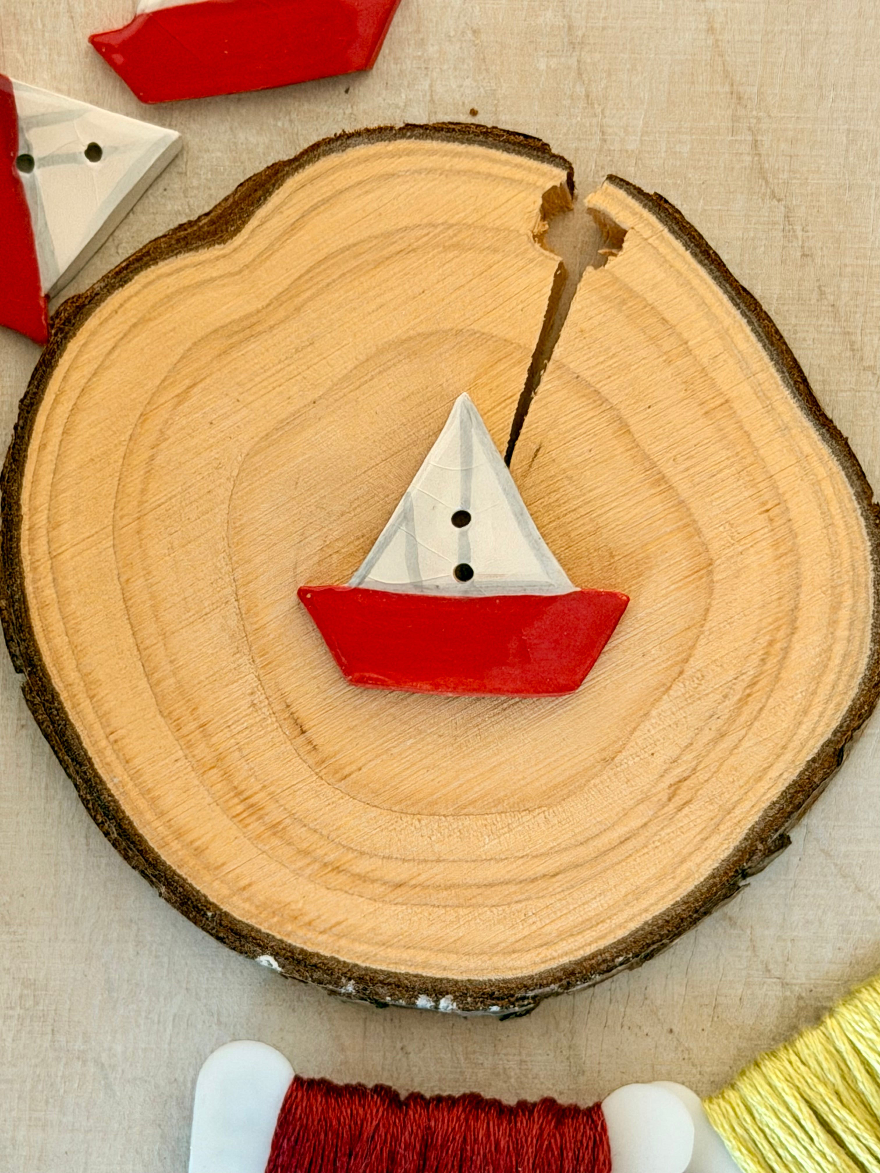 Handmade Ceramic Button for Cross Stitch – Sailboat Red