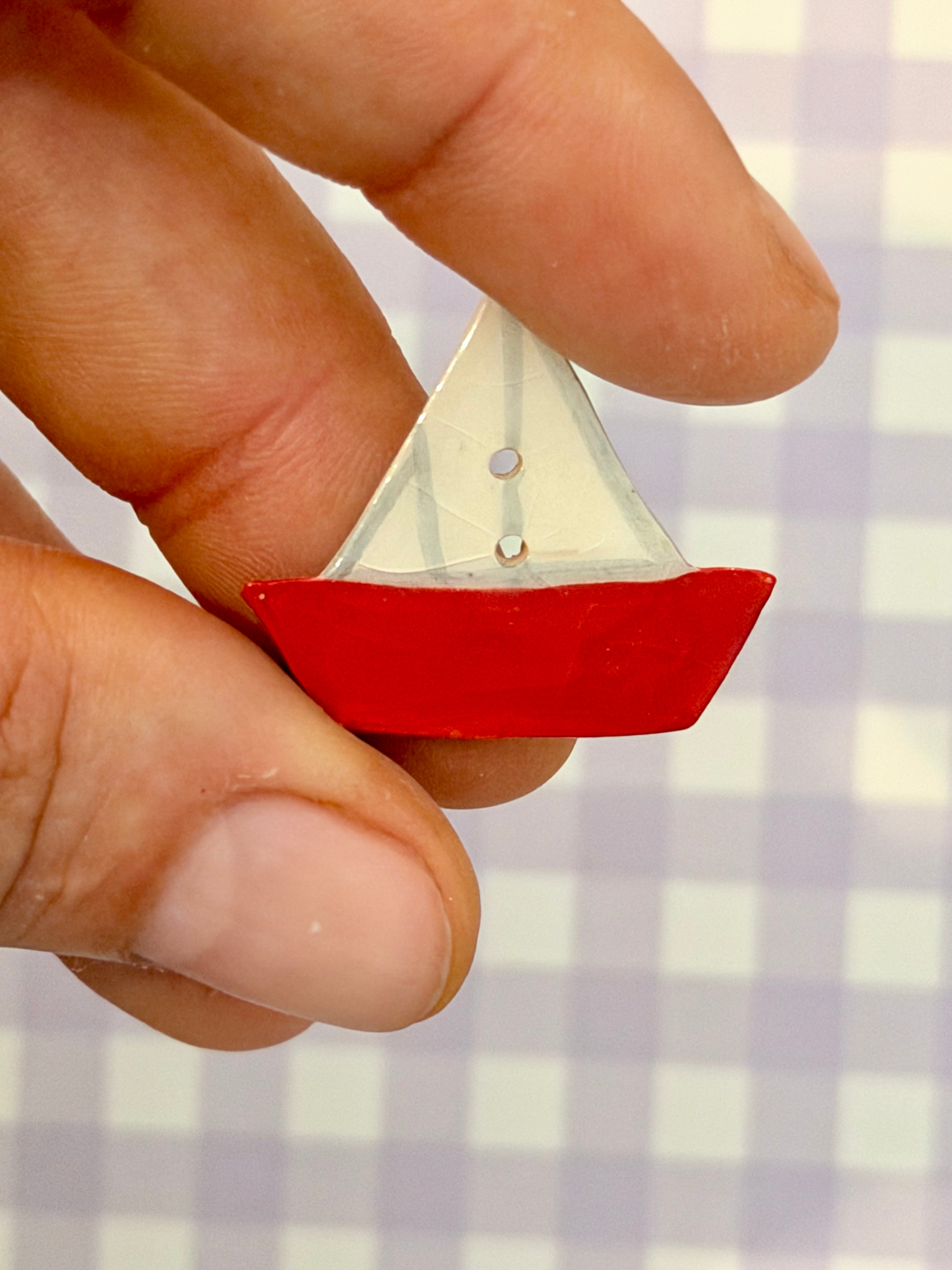 Handmade Ceramic Button for Cross Stitch – Sailboat Red