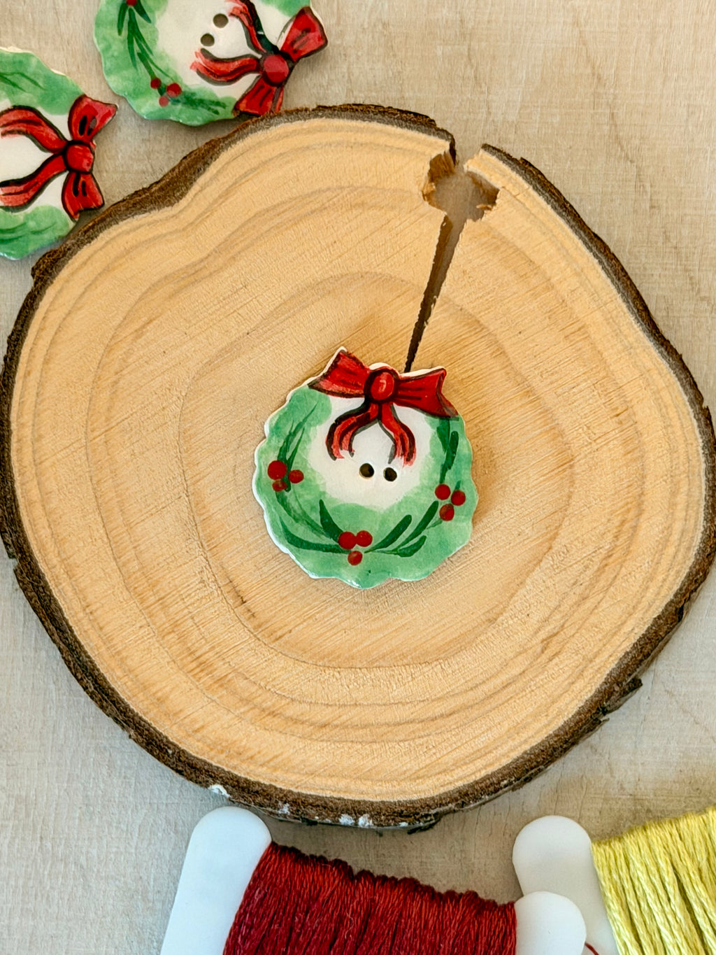 Handmade Ceramic Button for Cross Stitch – Christmas Wreath