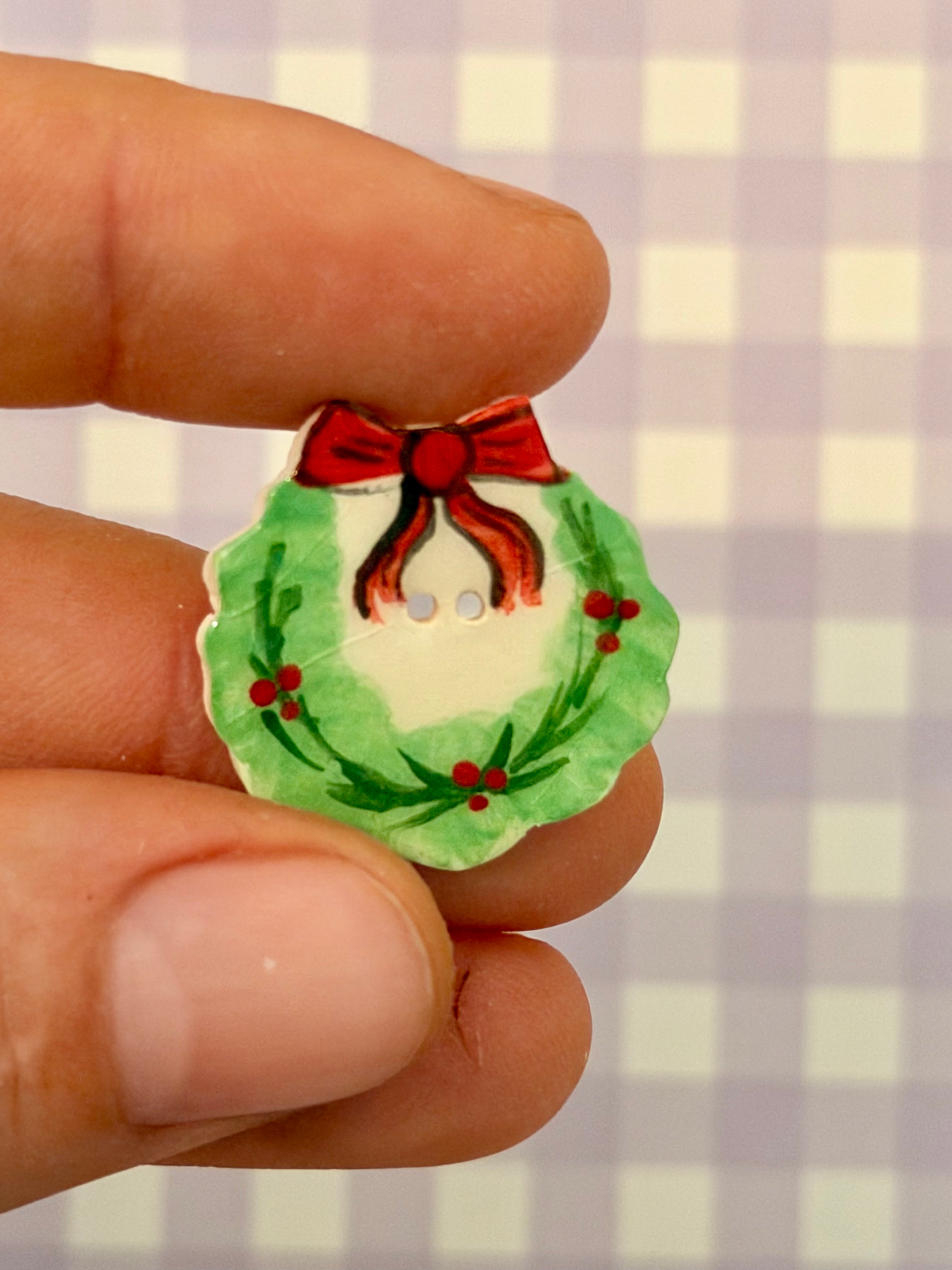 Handmade Ceramic Button for Cross Stitch – Christmas Wreath