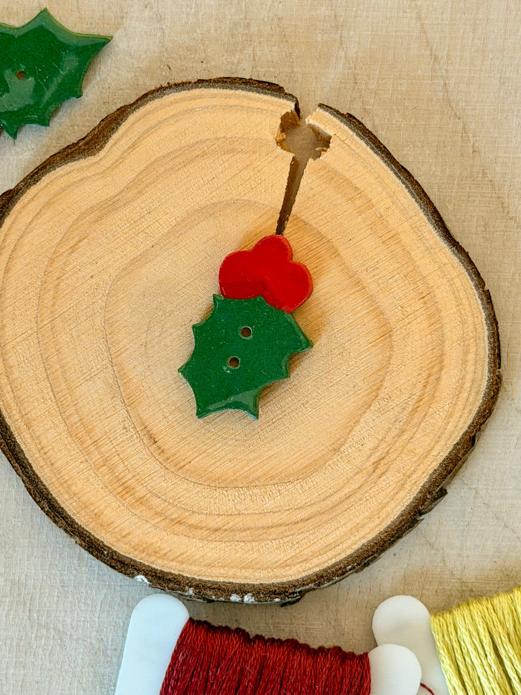 Handmade Ceramic Button for Cross Stitch – Christmas Leaf
