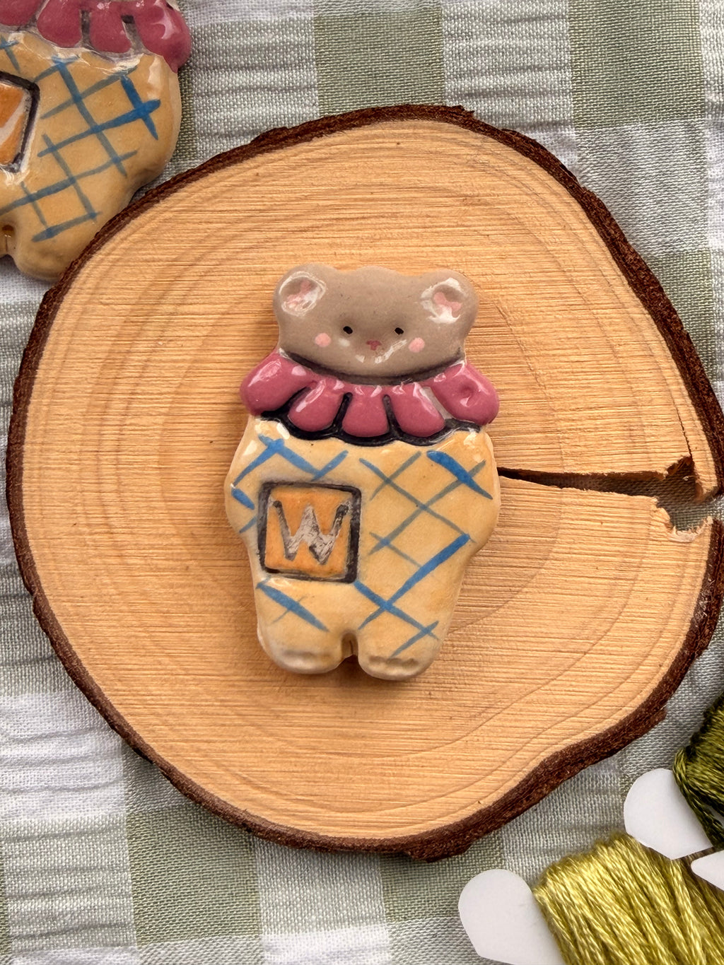 Handmade Ceramic Needle Minder – Brown Circuses Bear