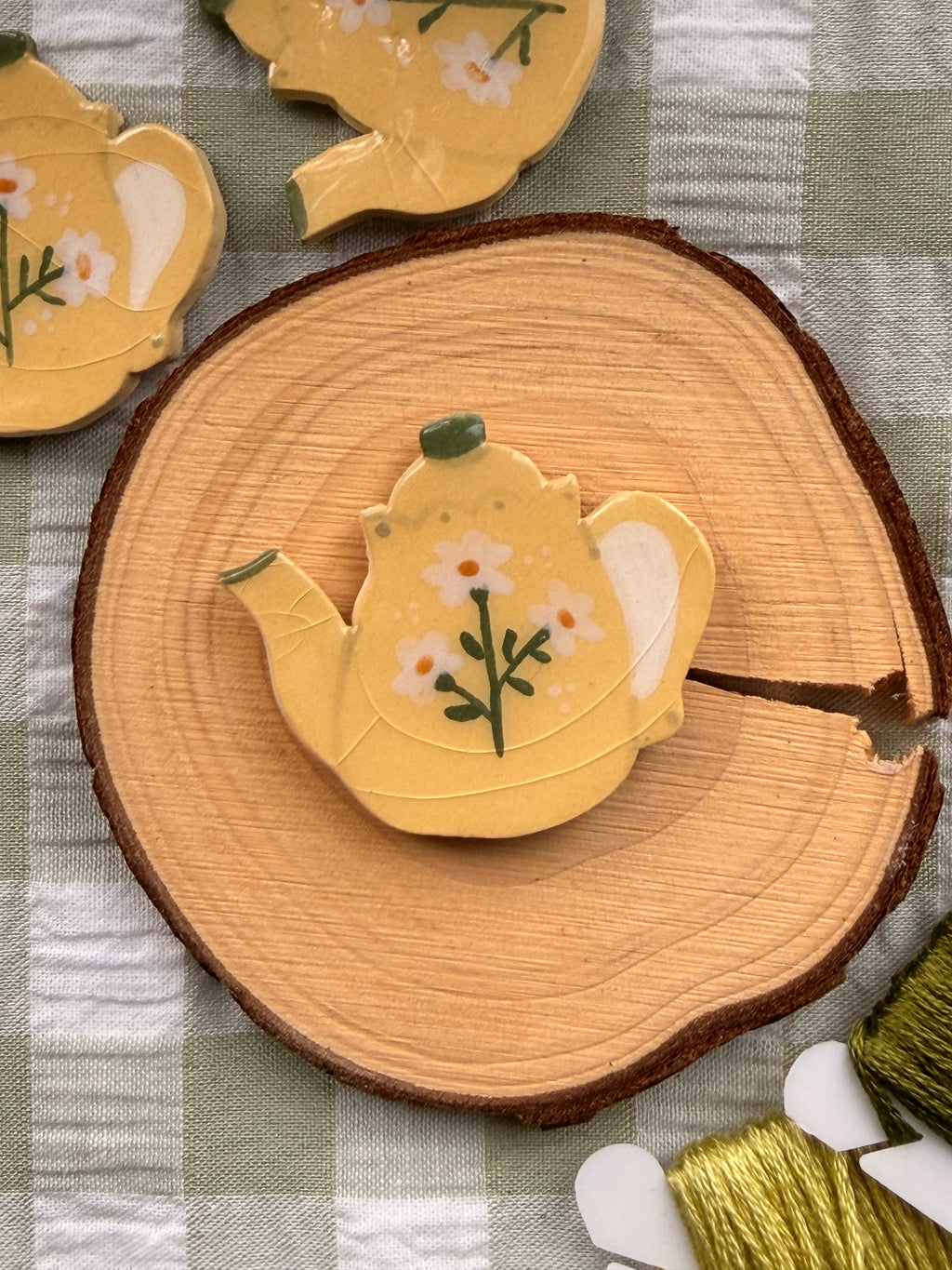 Handmade Ceramic Needle Minder – Yellow Teapot