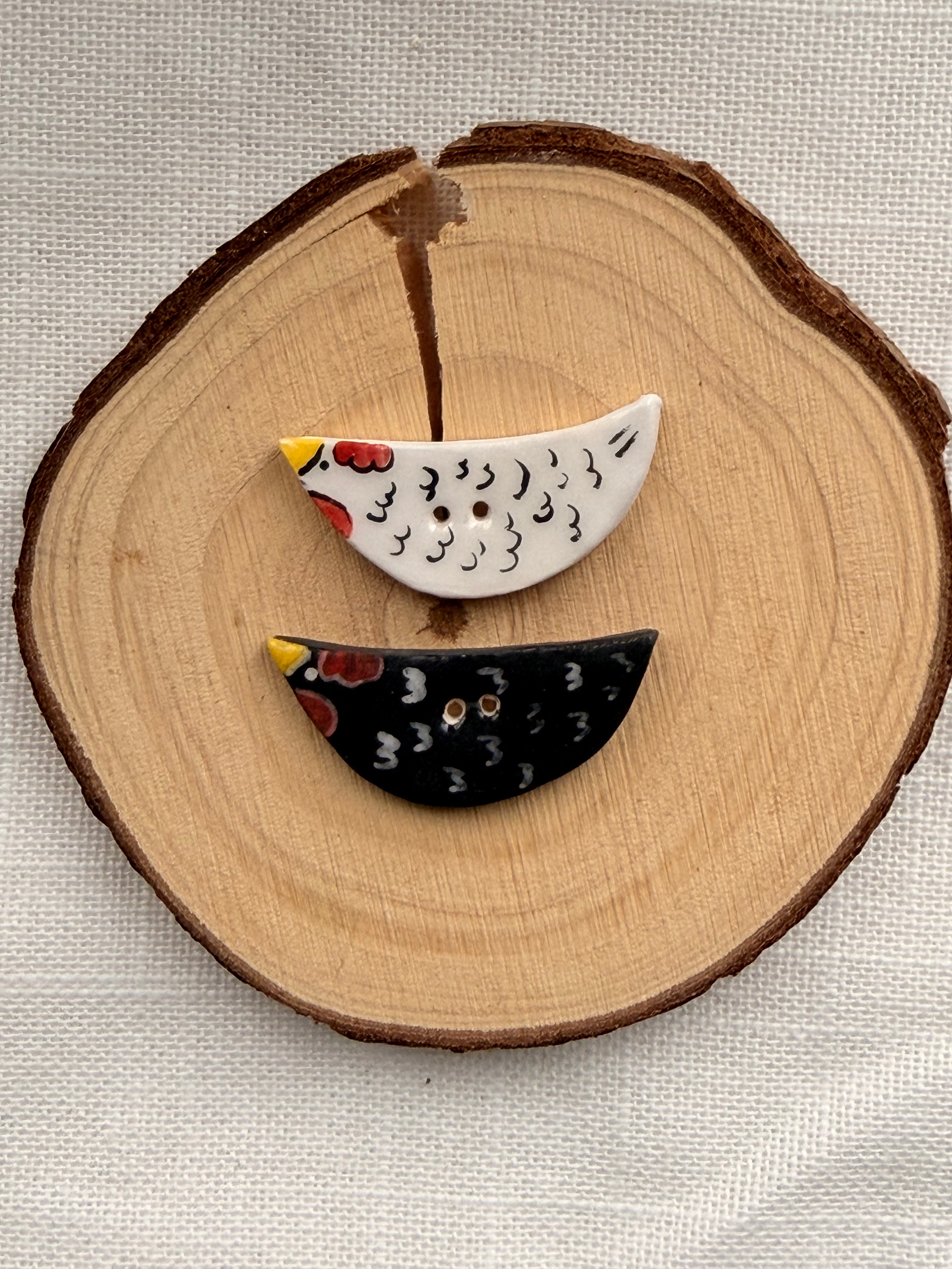 Handmade Ceramic Black and White Chicken Buttons – Set of 2
