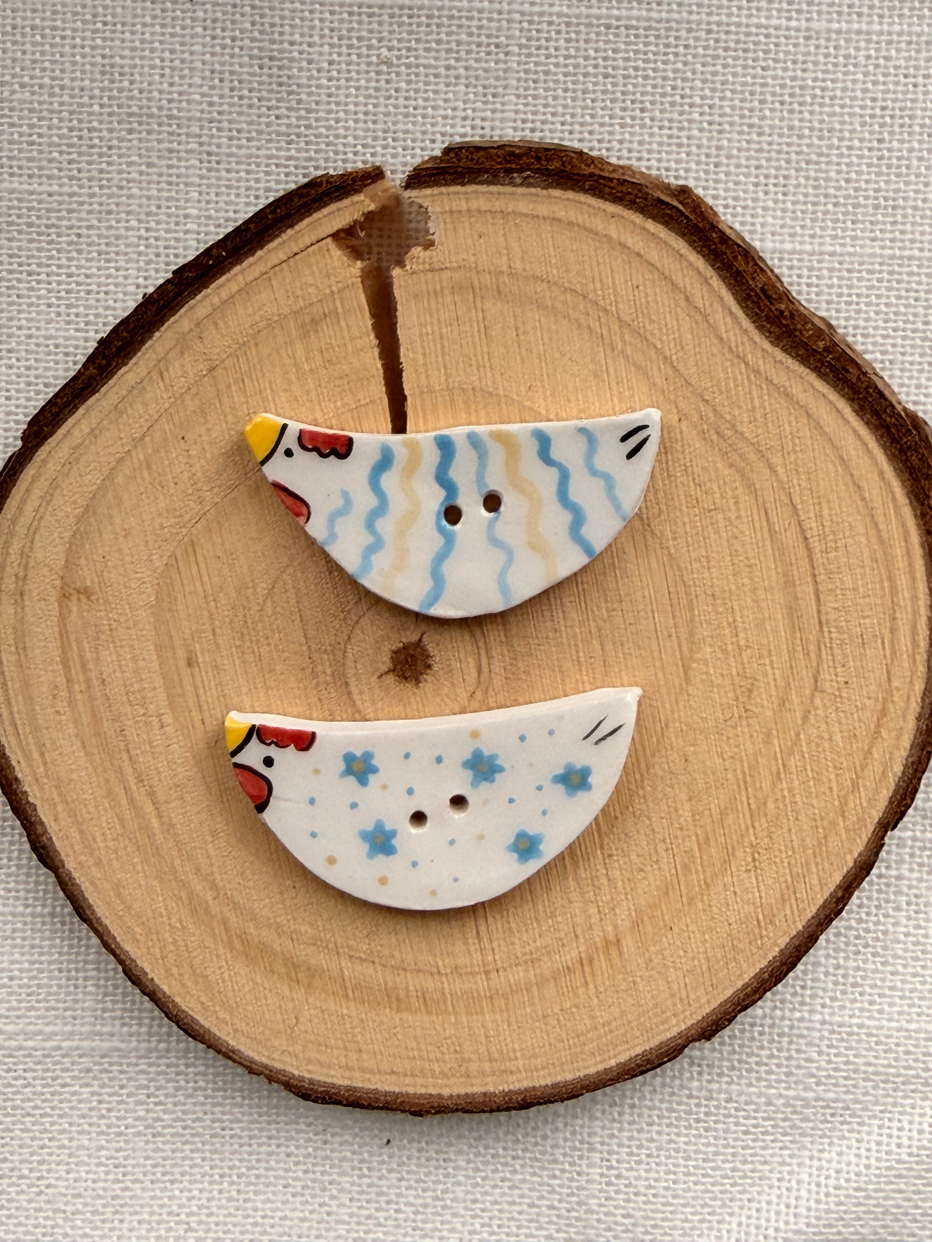 Handmade Ceramic Blue Chicken Buttons – Set of 2