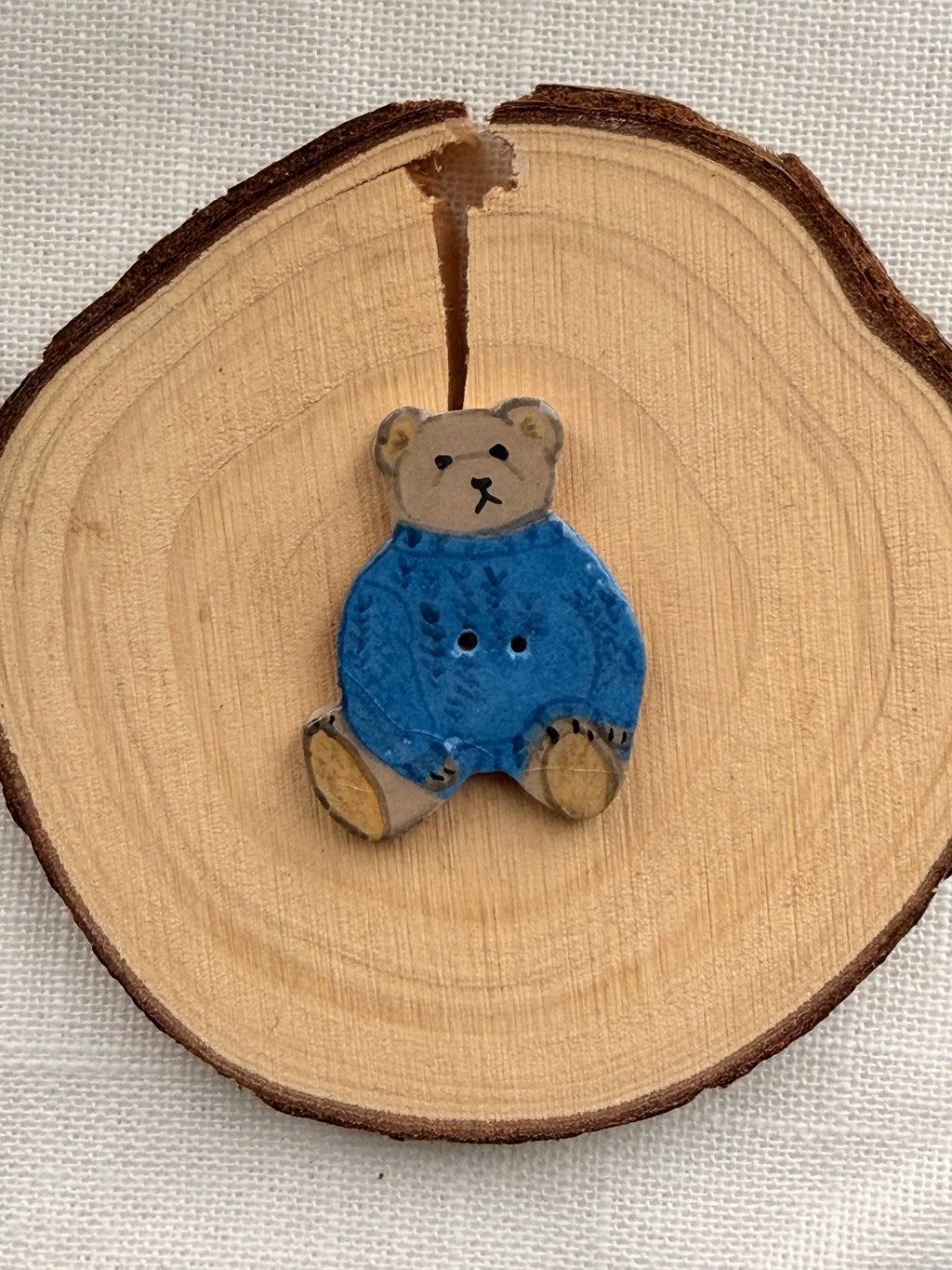 Handmade Ceramic Teddy Bear in Blue Button – Hand-Painted Sewing Embellishment