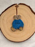 Handmade Ceramic Teddy Bear in Blue Button – Hand-Painted Sewing Embellishment