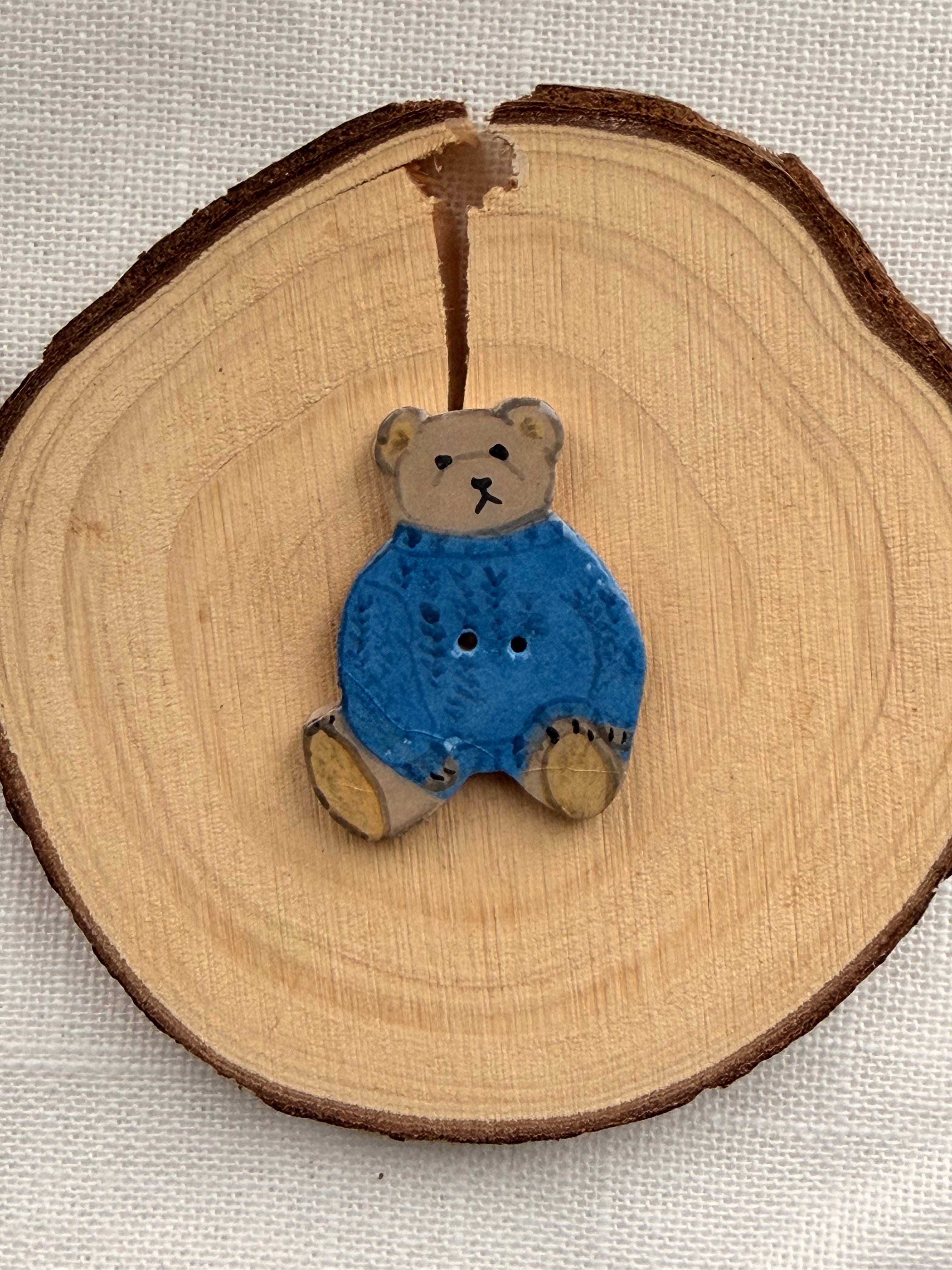 Handmade Ceramic Teddy Bear in Blue Button – Hand-Painted Sewing Embellishment