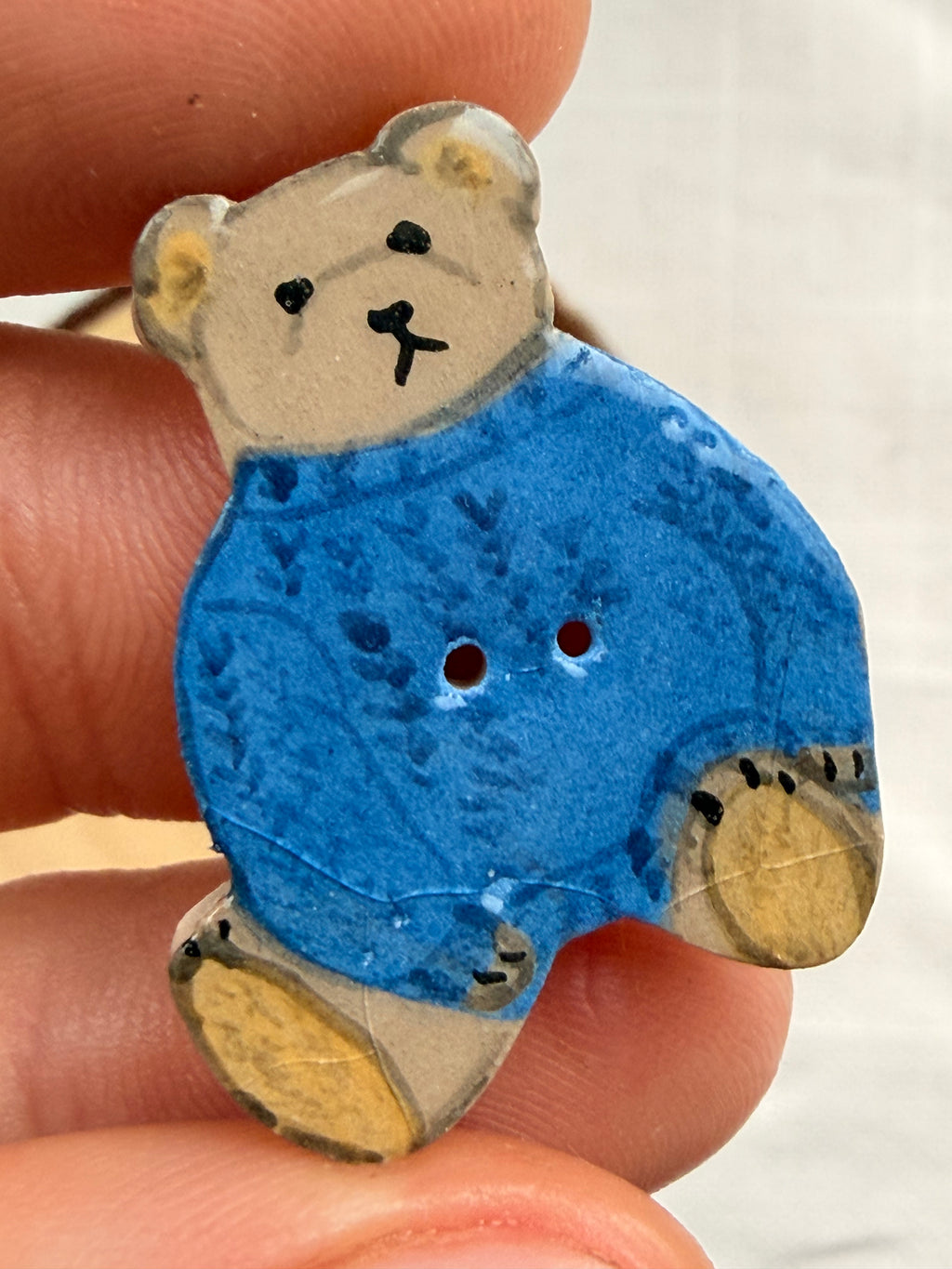 Handmade Ceramic Teddy Bear in Blue Button – Hand-Painted Sewing Embellishment