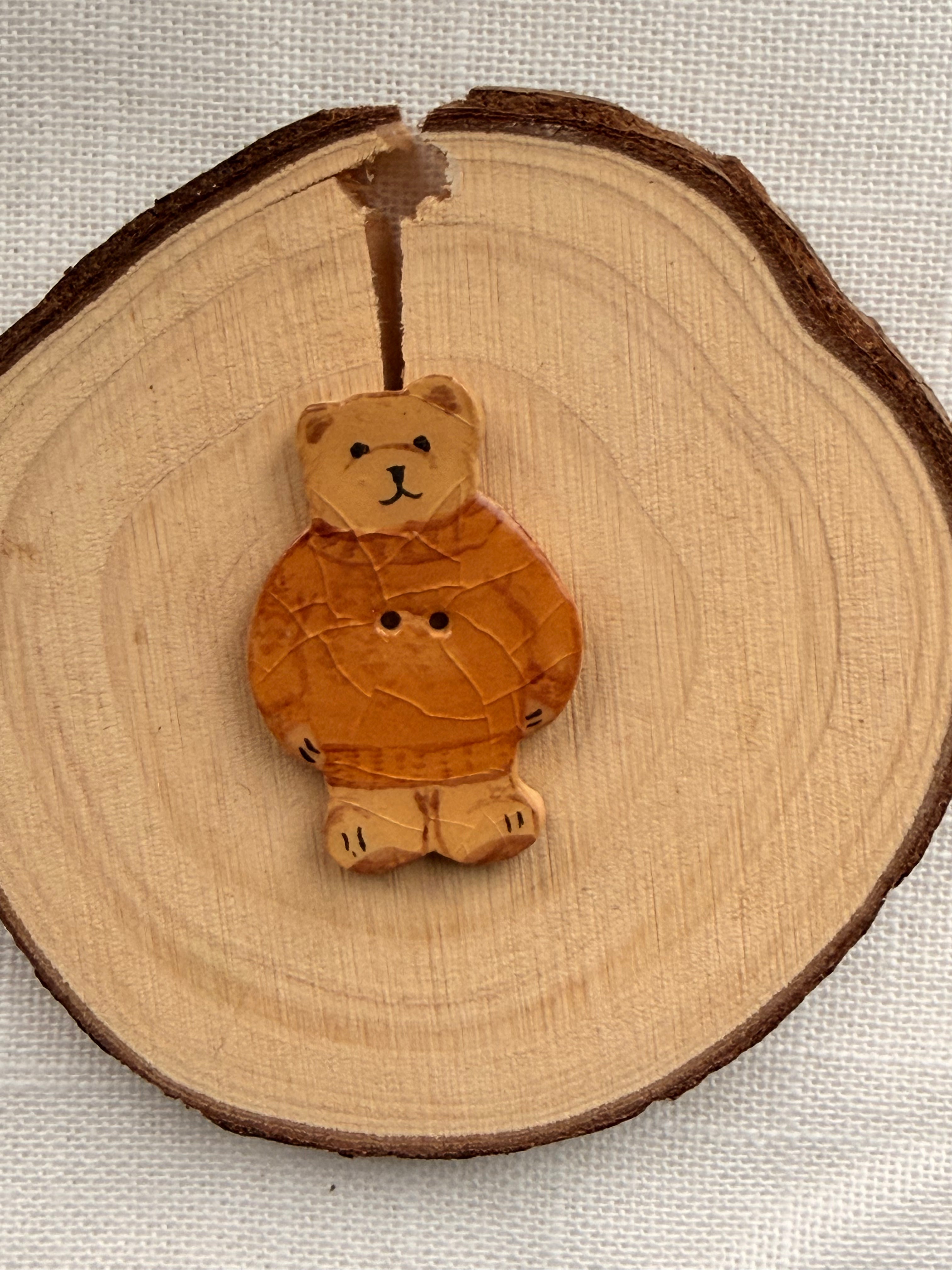 Handmade Ceramic Teddy Bear in Yellow Button – Hand-Painted Sewing Embellishment