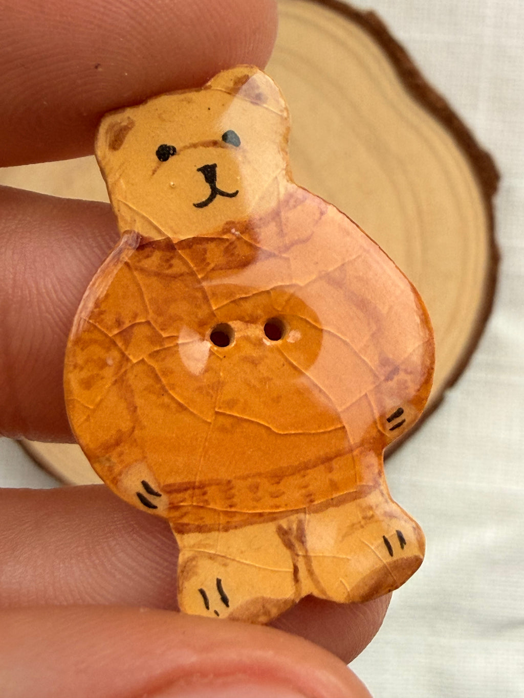 Handmade Ceramic Teddy Bear in Yellow Button – Hand-Painted Sewing Embellishment