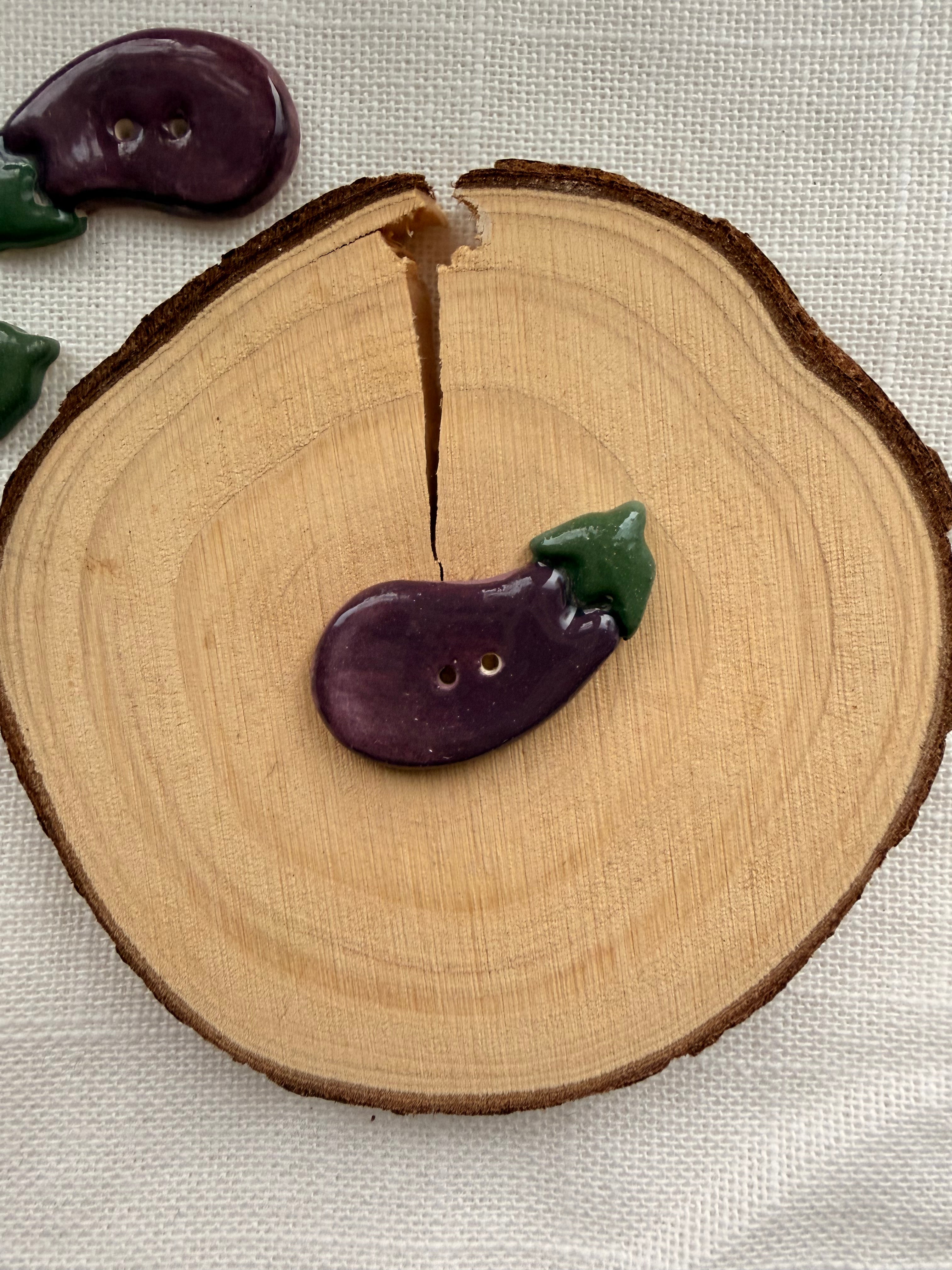 Handmade Ceramic Eggplant Button – Hand-Painted Sewing Embellishment