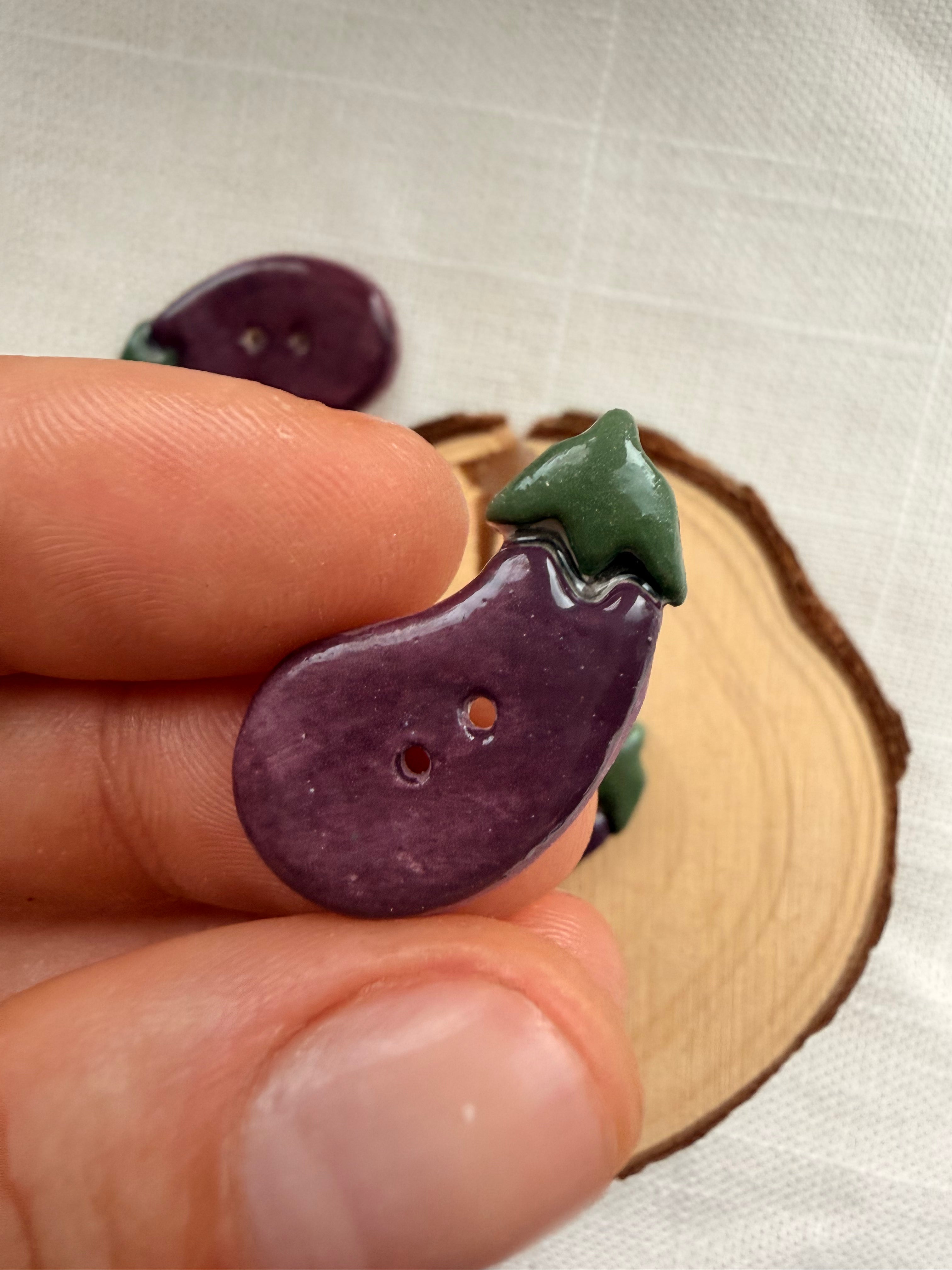 Handmade Ceramic Eggplant Button – Hand-Painted Sewing Embellishment