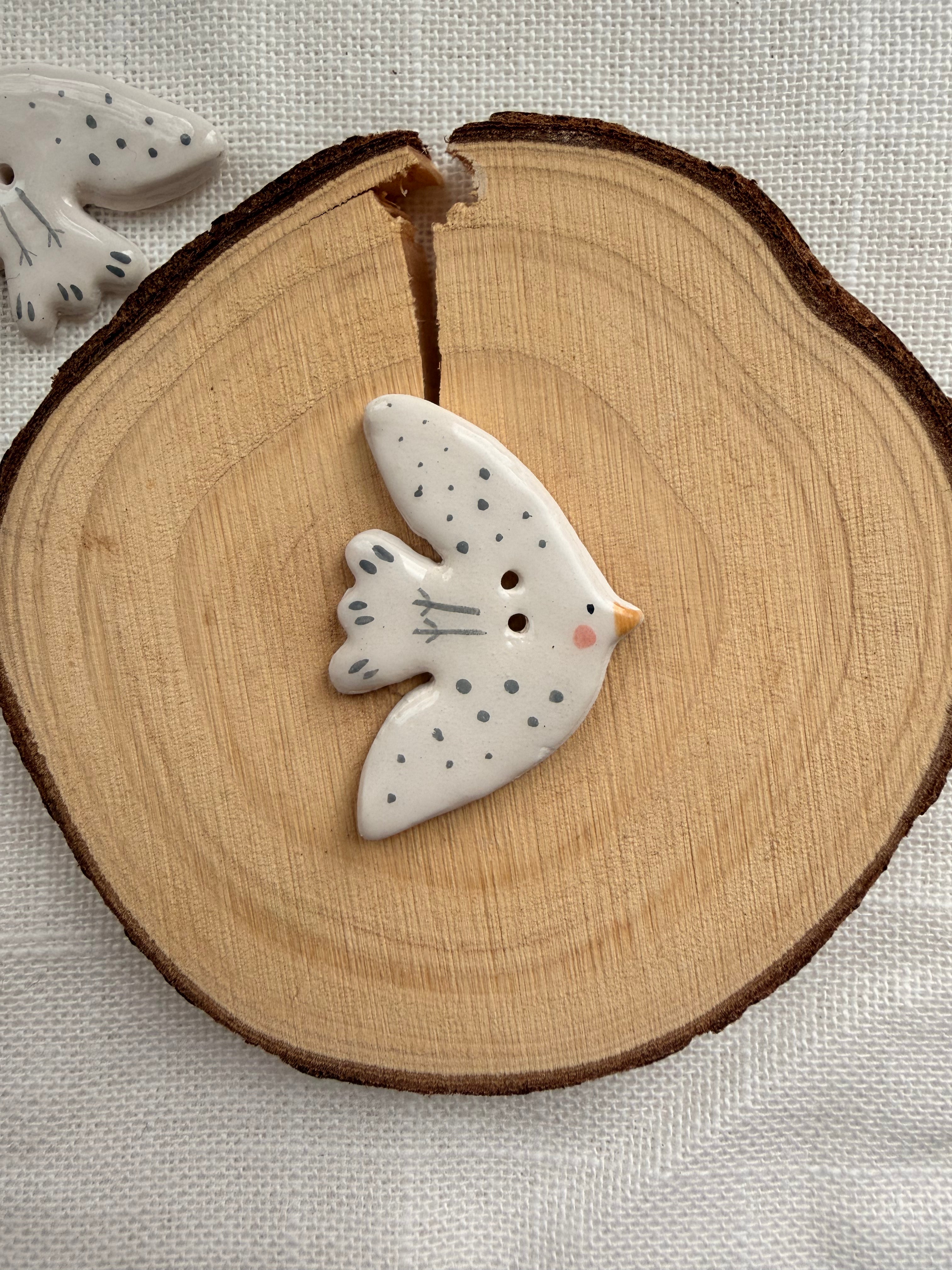 Handmade Ceramic White Bird Button – Hand-Painted Sewing Embellishment