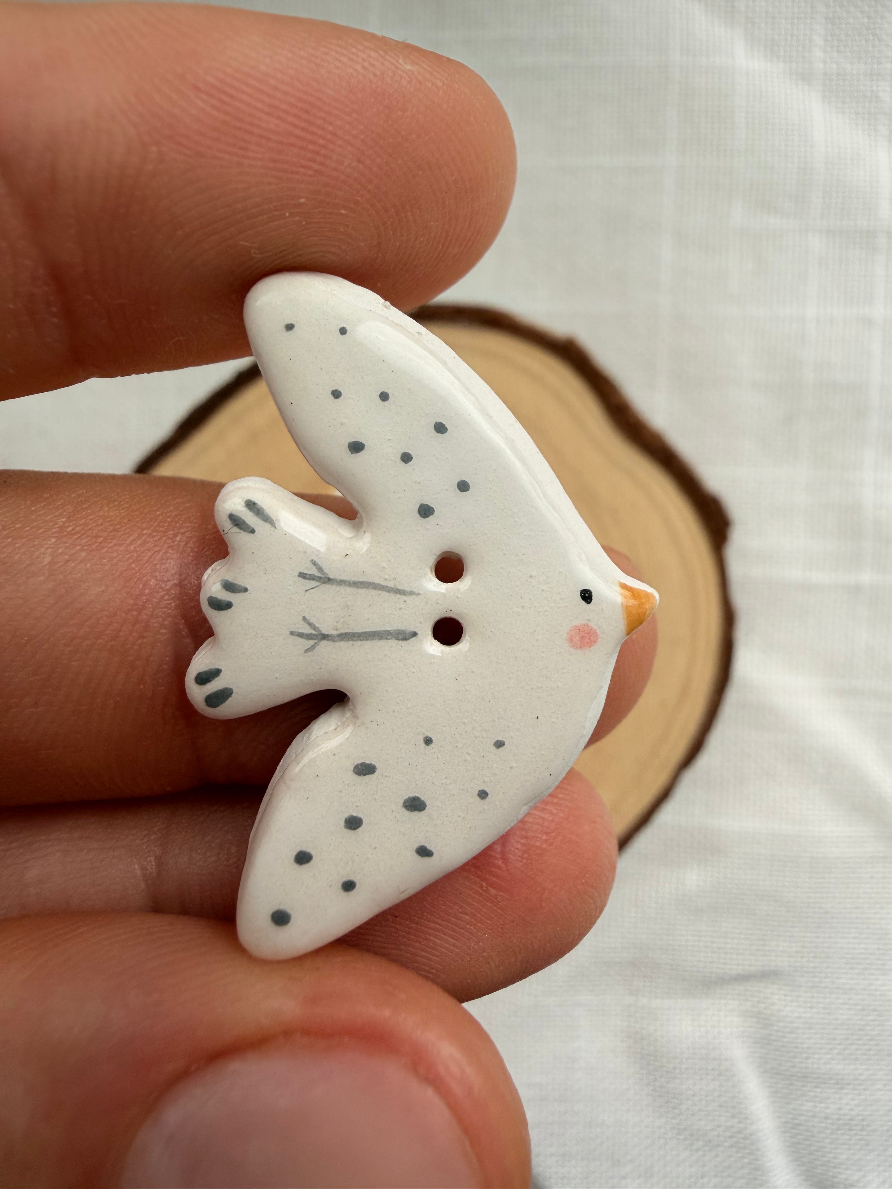 Handmade Ceramic White Bird Button – Hand-Painted Sewing Embellishment