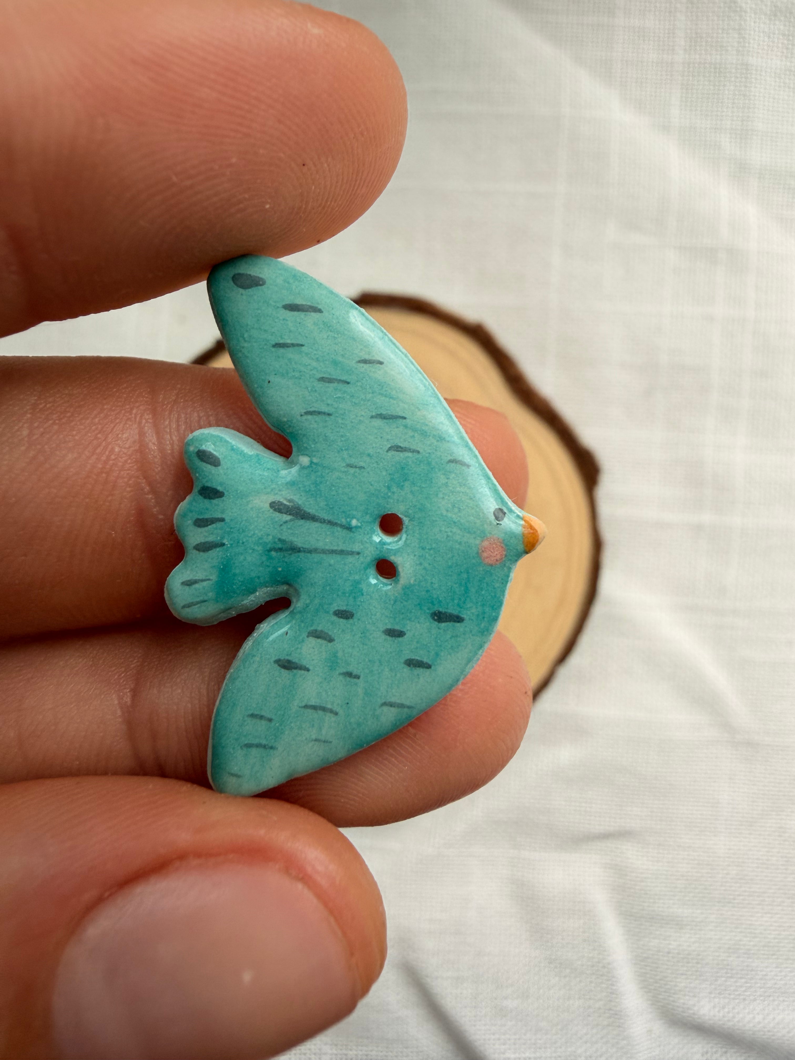 Handmade Ceramic Blue Bird Button – Hand-Painted Sewing Embellishment